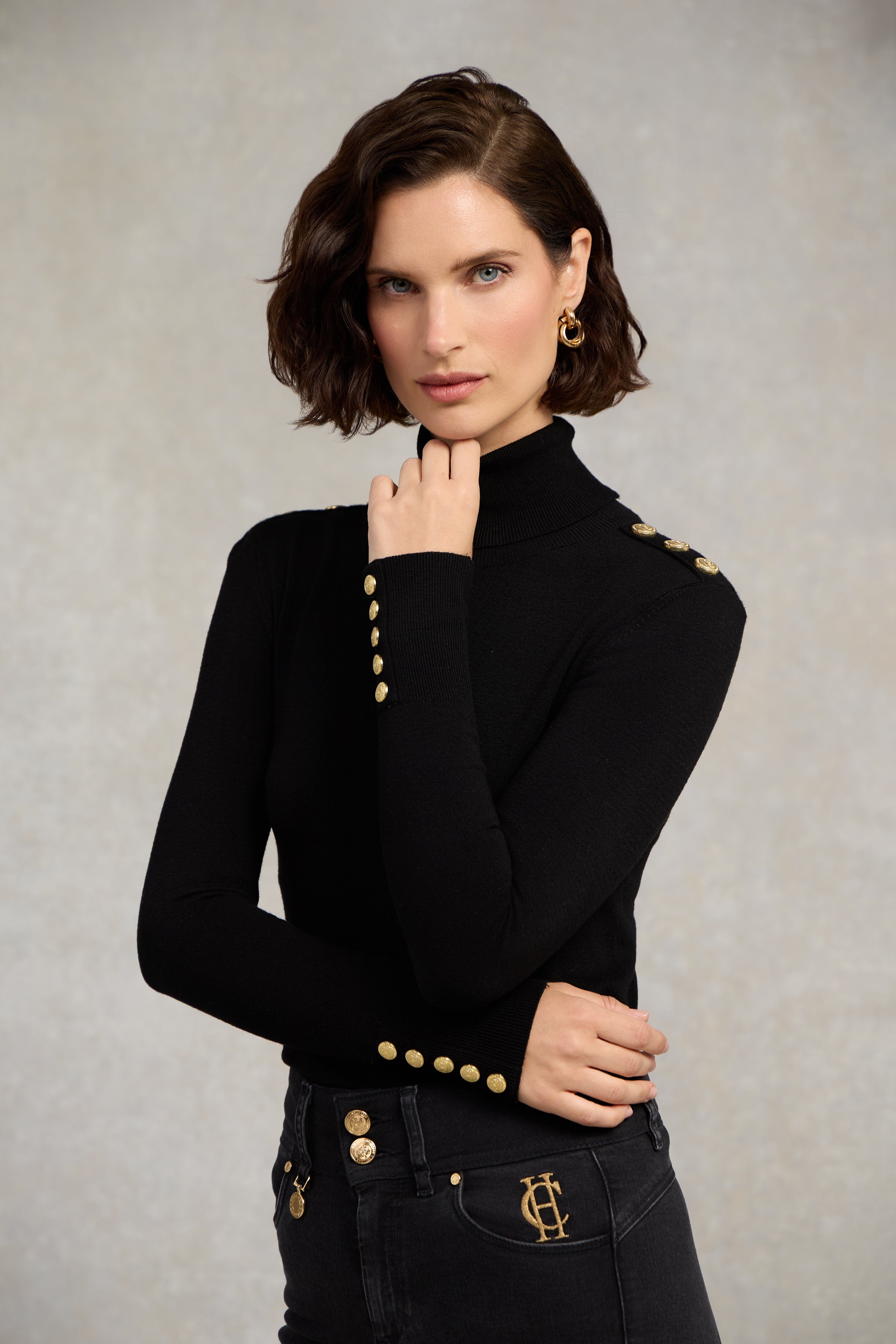 Buttoned Knit Roll Neck (Black) – Holland Cooper US