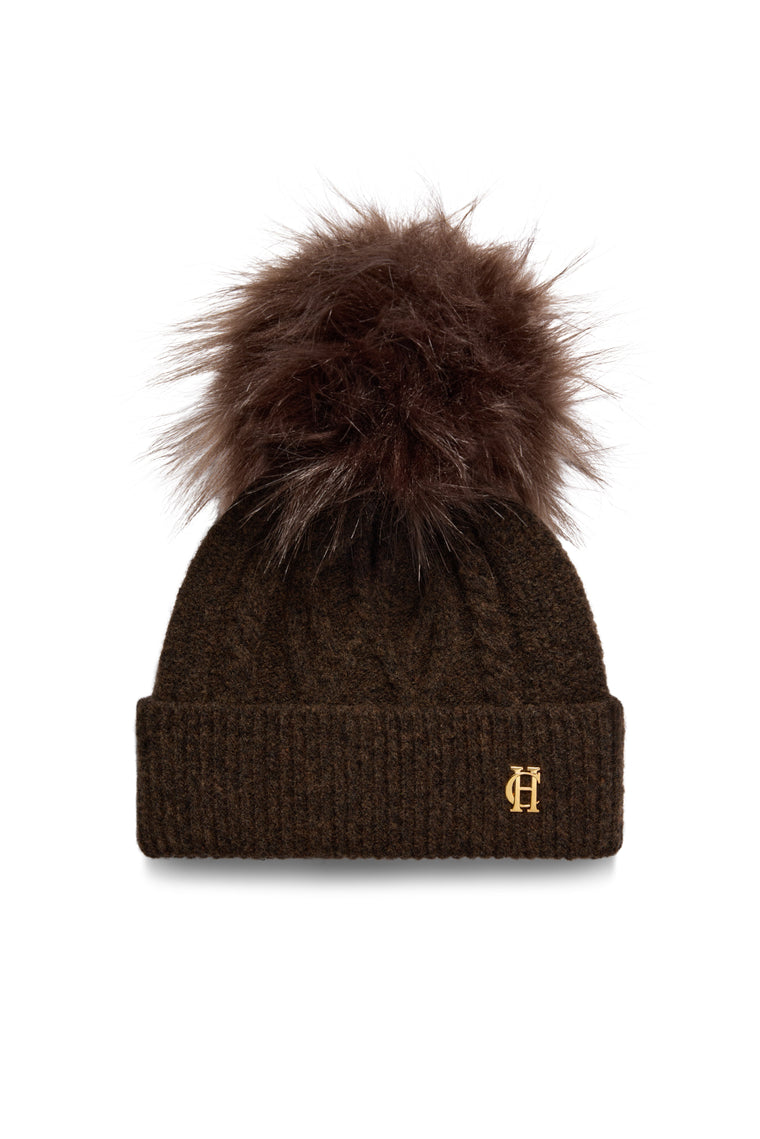 Sloane Cable Bobble Hat & Fingerless Glove Set (Chocolate)