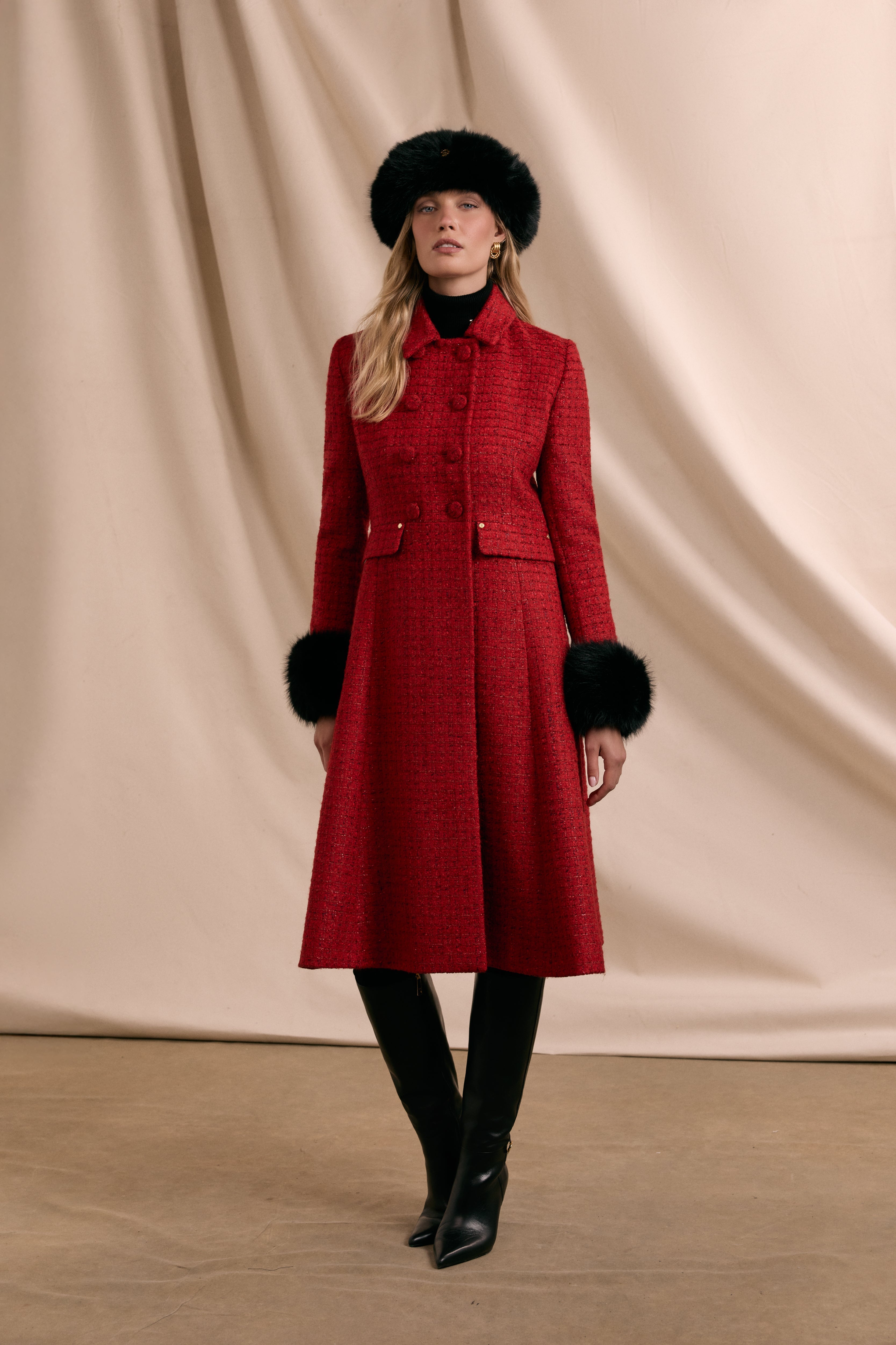Holland Cooper Windsor Fit & Flare Coat Red Boucle Women's Size 4