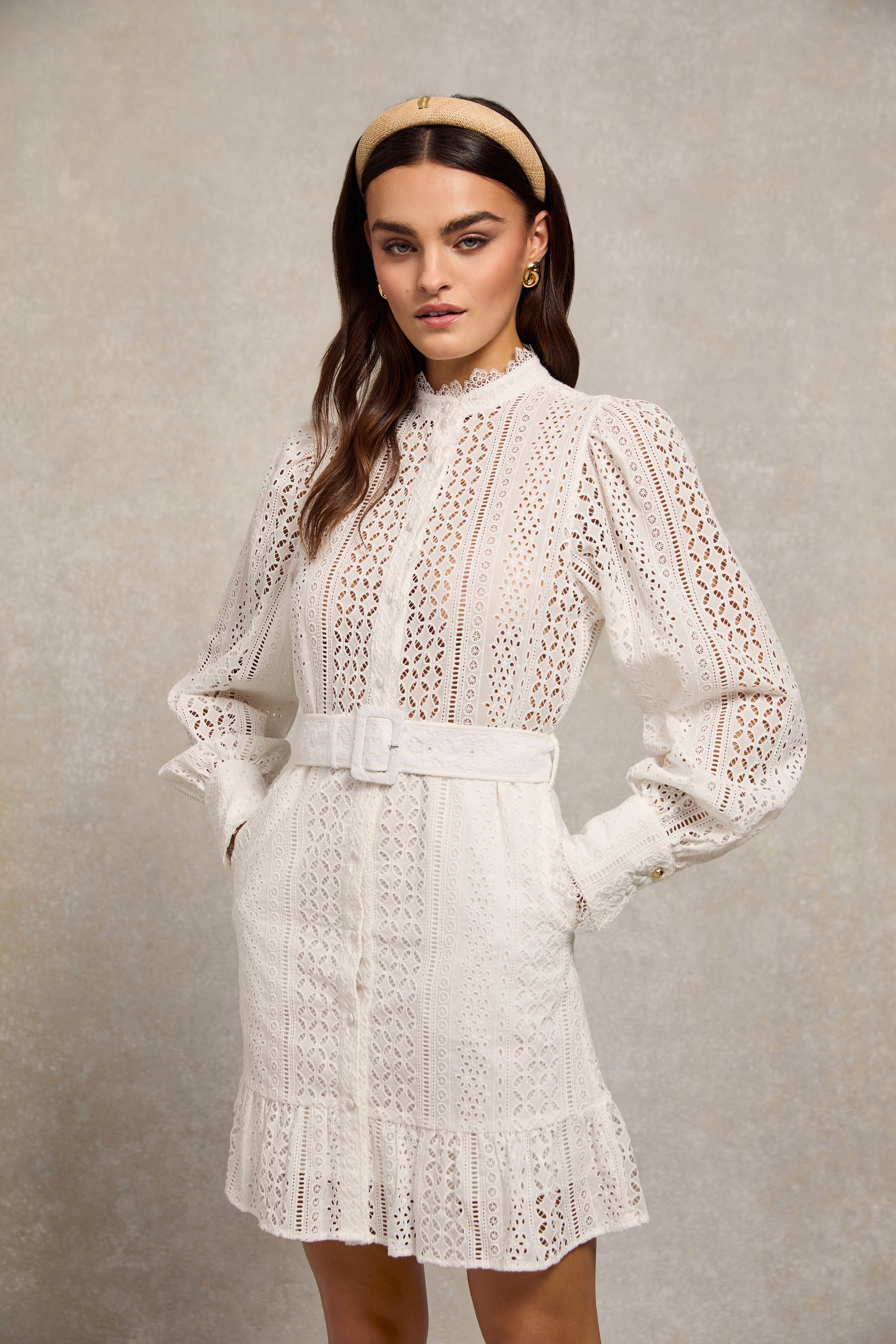 Holland Cooper Collarless Broderie Mini Dress White Women's Size 12