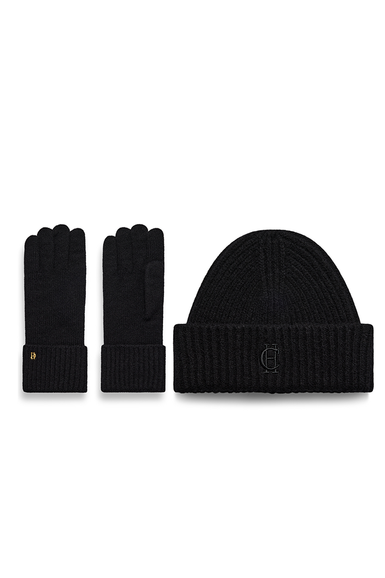 Classic Embroidered Beanie & Glove Set (Black)