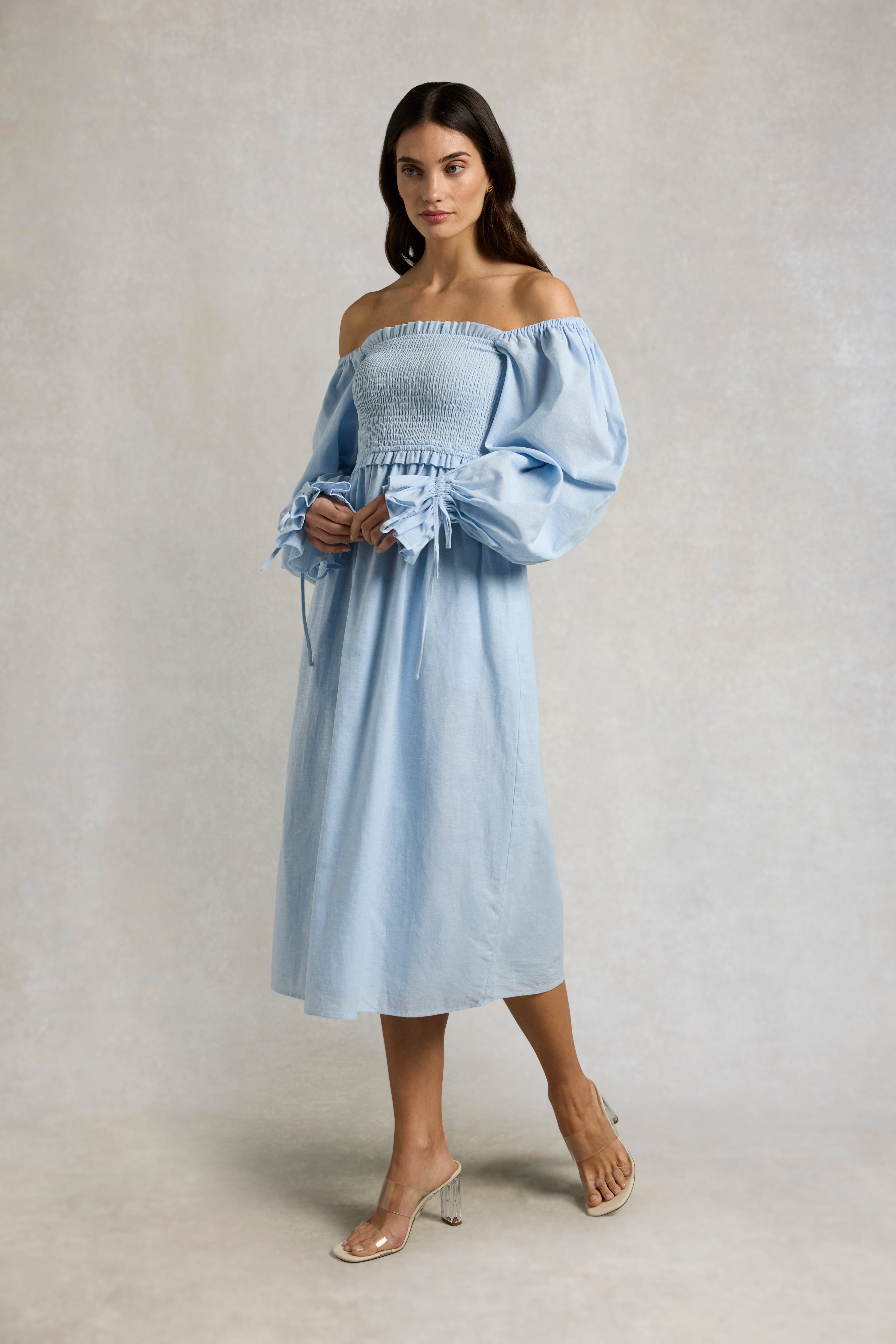 Holland Cooper Smock Dress Pale Blue Chambray Women's Size 2