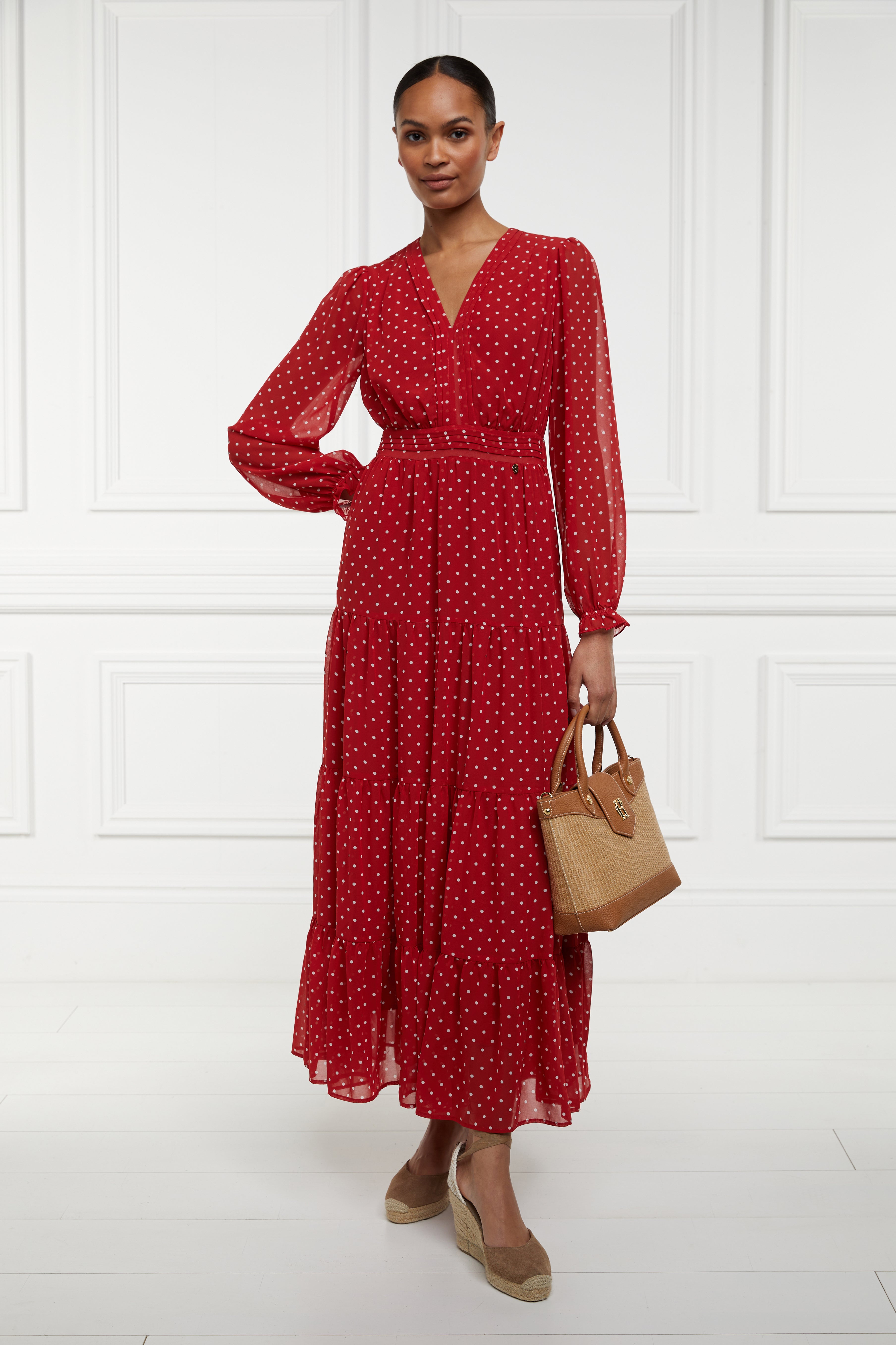 bella tiered maxi dress Holland Cooper Bella Tiered Maxi Dress Red White Polka Dot Women's Size 4