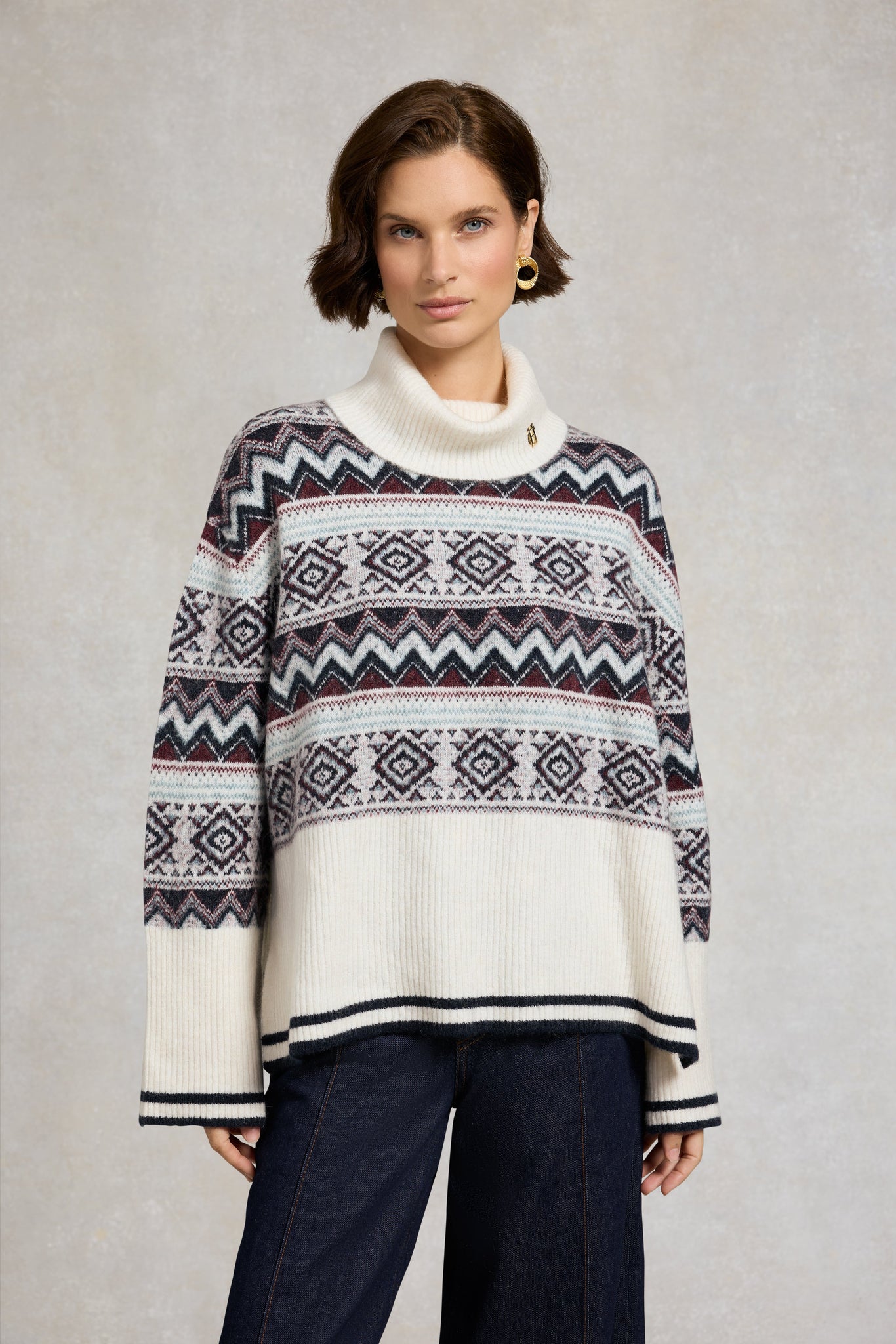 Antonia Fairisle Roll Neck Knit (Natural Blue)