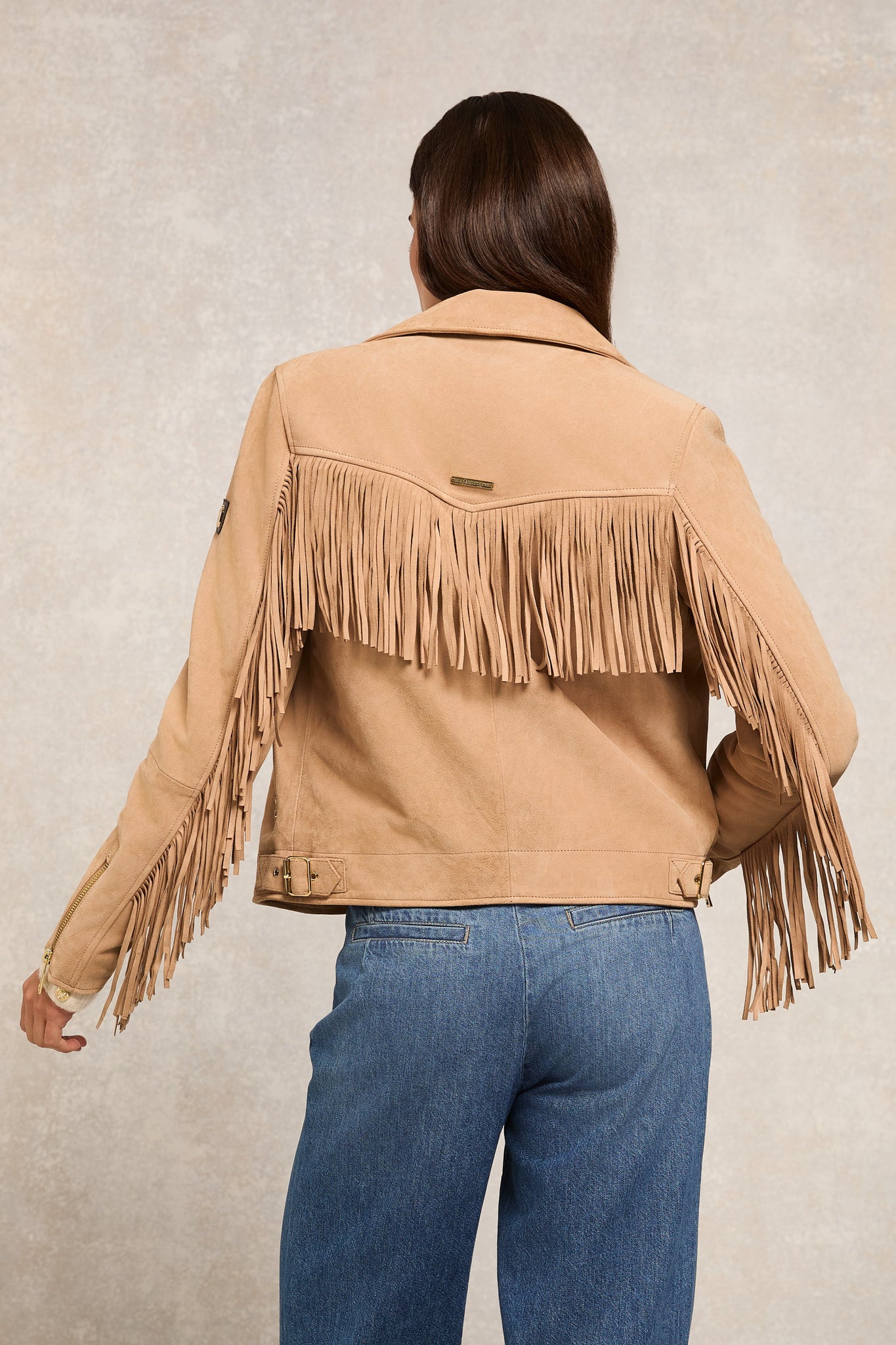 Fringed Suede Biker Jacket (Camel)