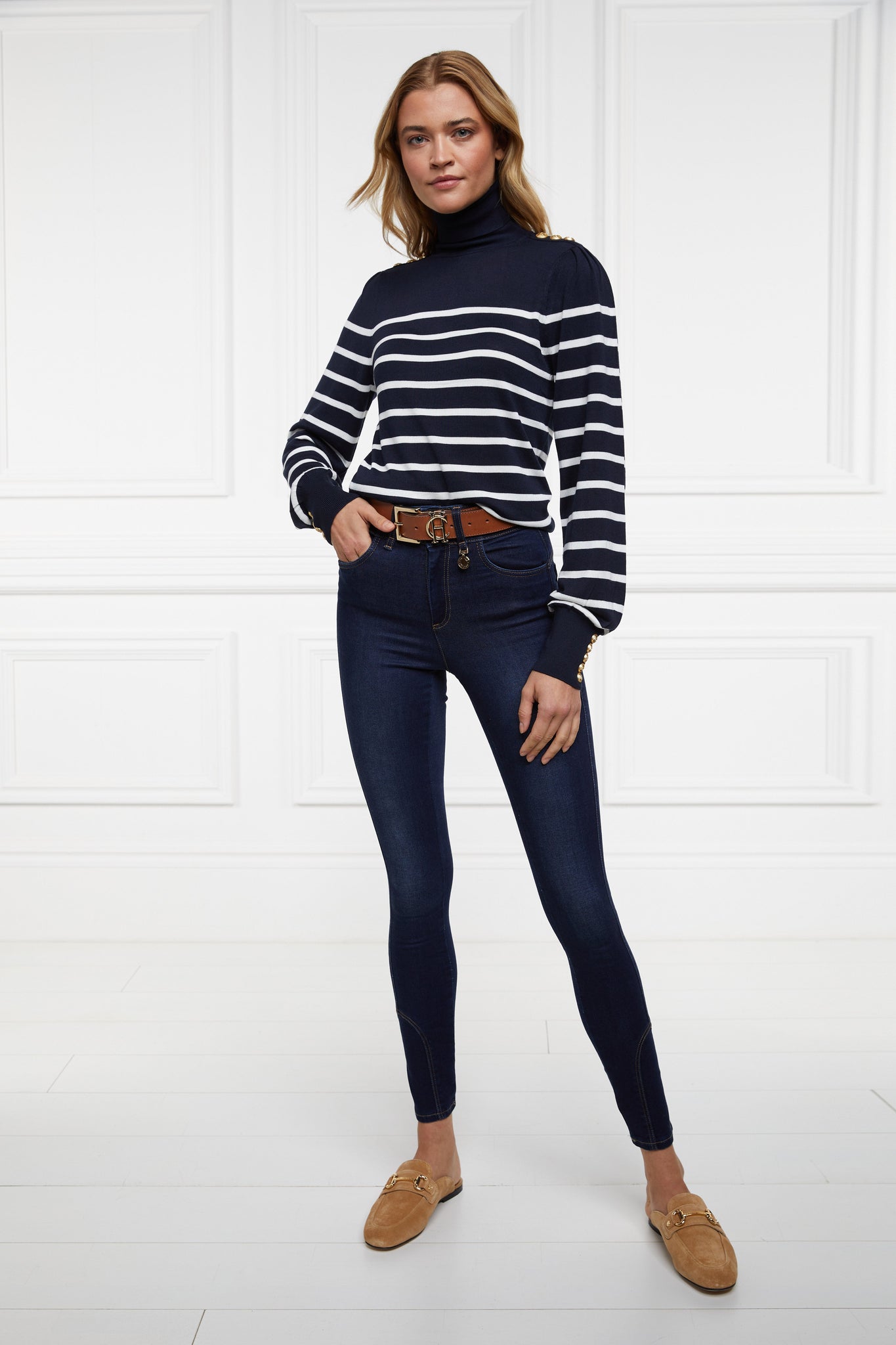 Kelsie Roll Neck Knit (Ink Navy Natural Stripe)