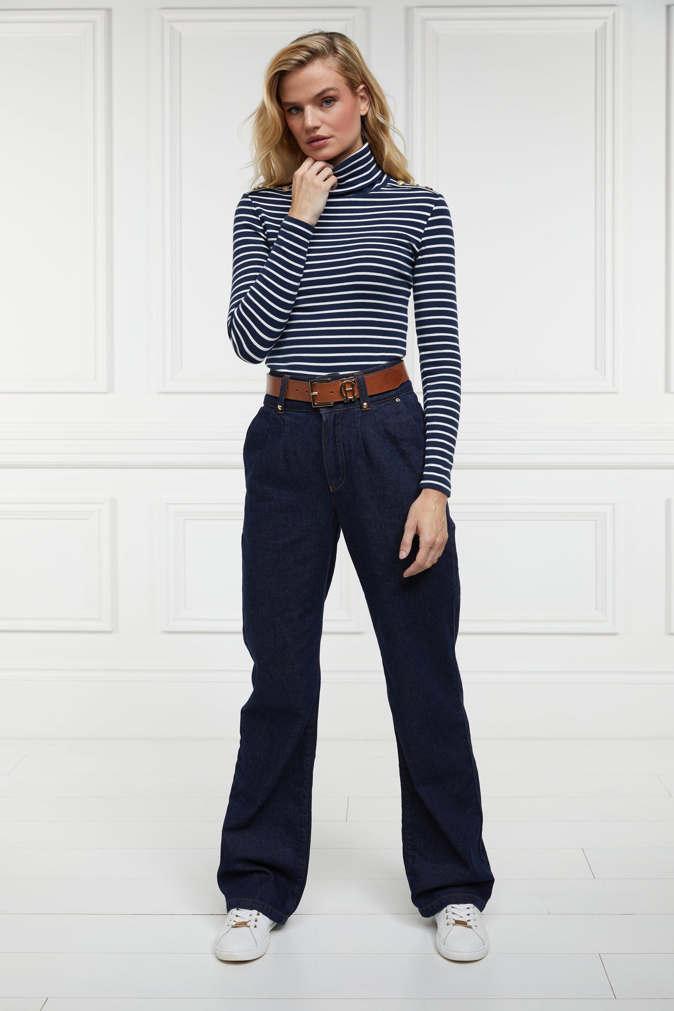 Padstow Roll Neck (Ink Navy Natural Stripe)