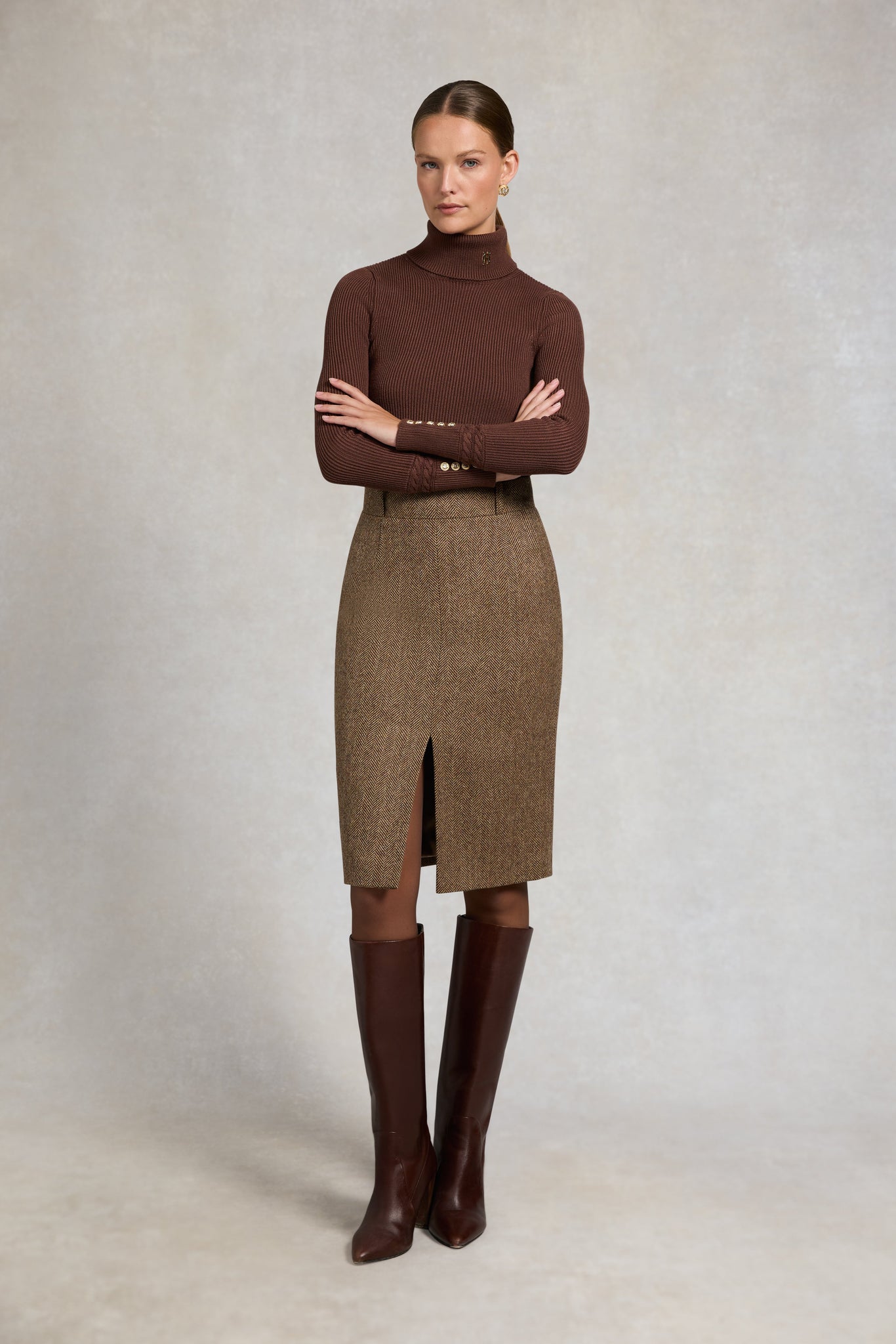 Mayfair Pencil Skirt (Large Scale Brown Herringbone)