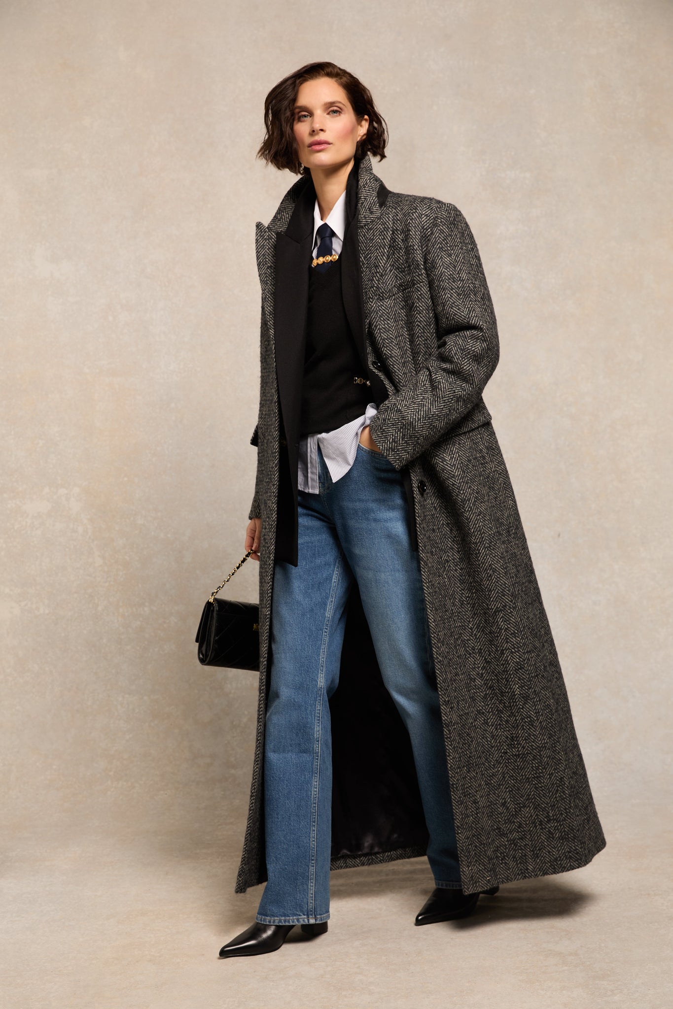 The Full Length Kelly Coat (Ebony Herringbone)