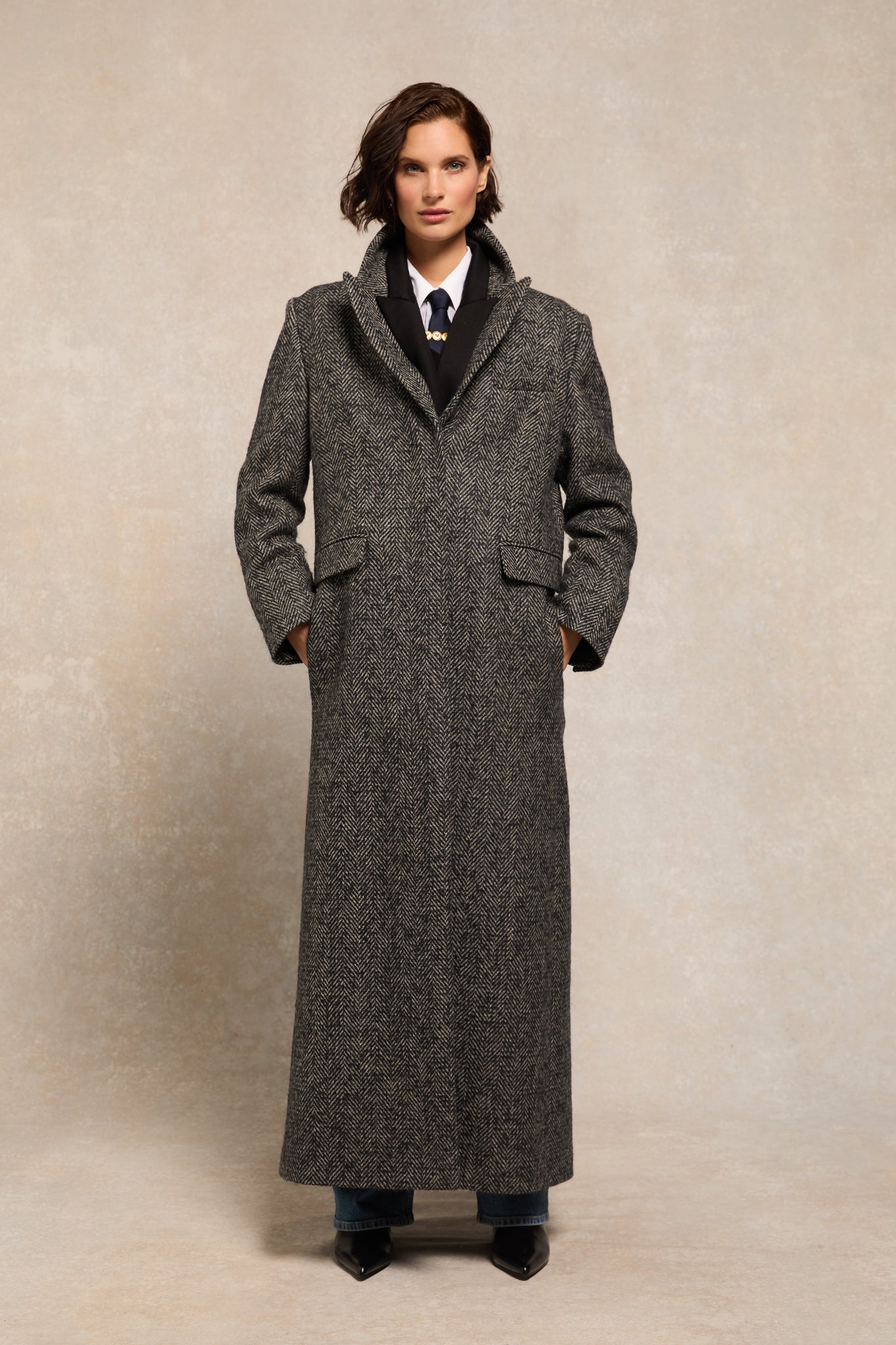 The Full Length Kelly Coat (Ebony Herringbone)