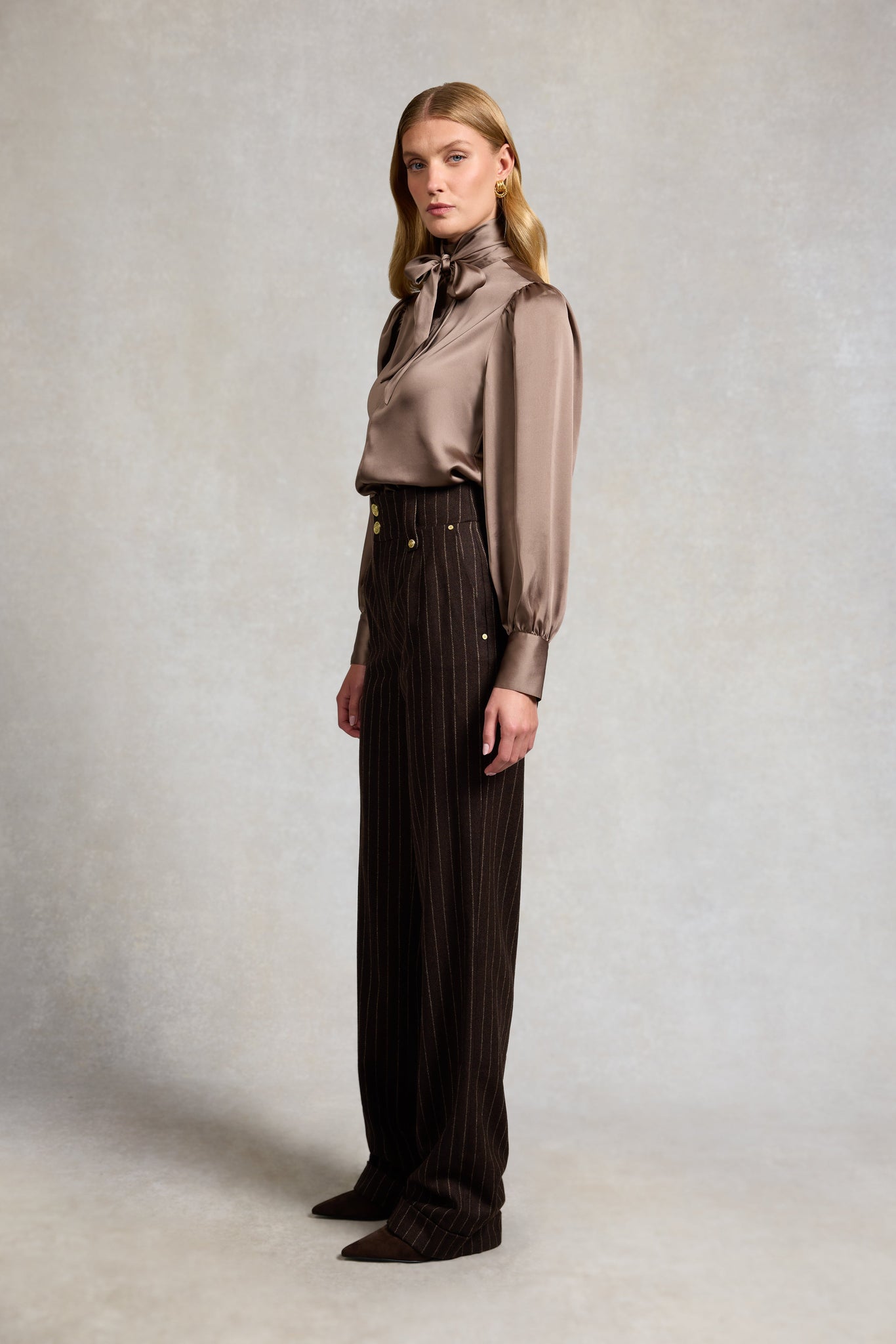 High Waisted Wide Leg Trouser (Chocolate Pinstripe)