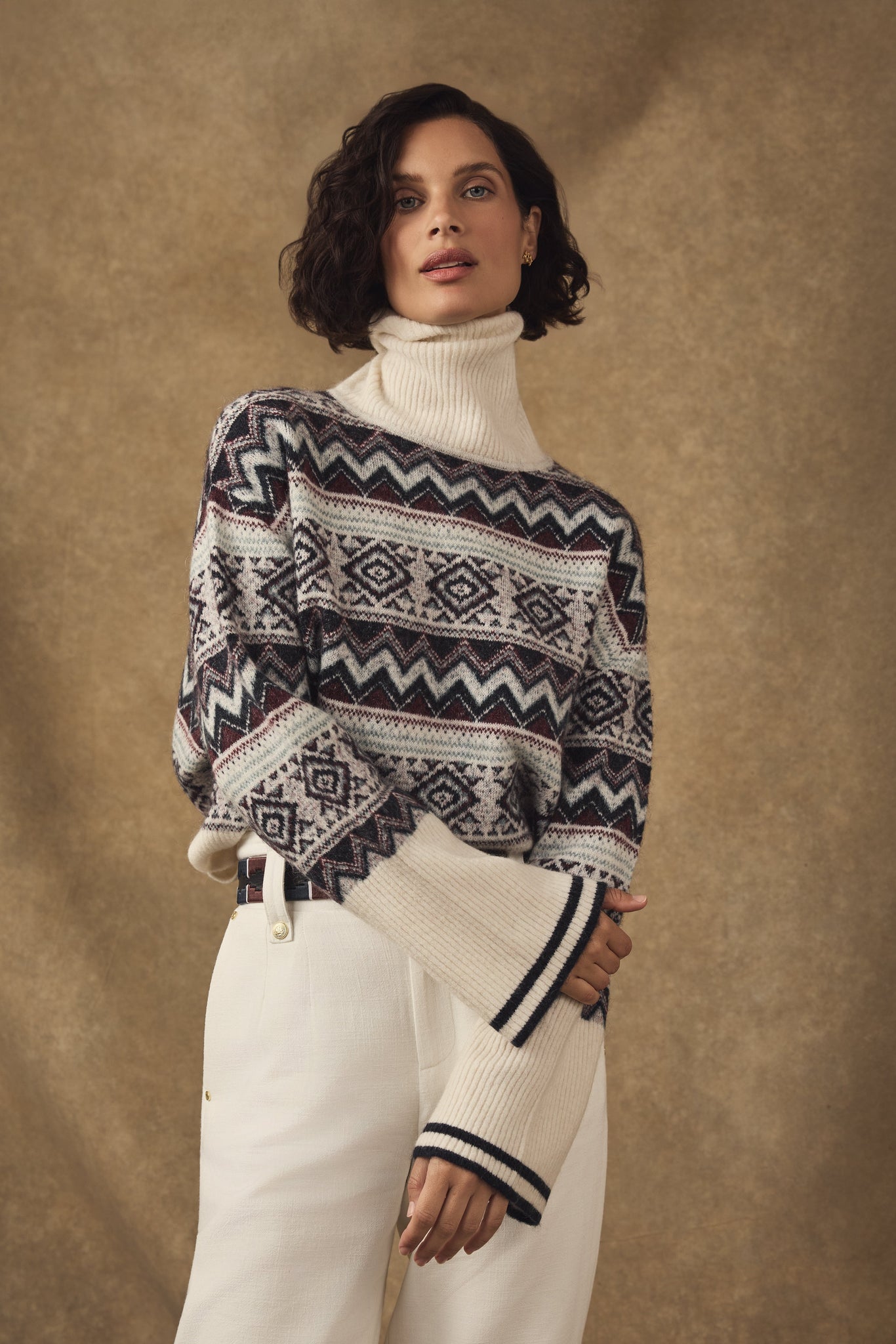 Antonia Fairisle Roll Neck Knit (Natural Blue)