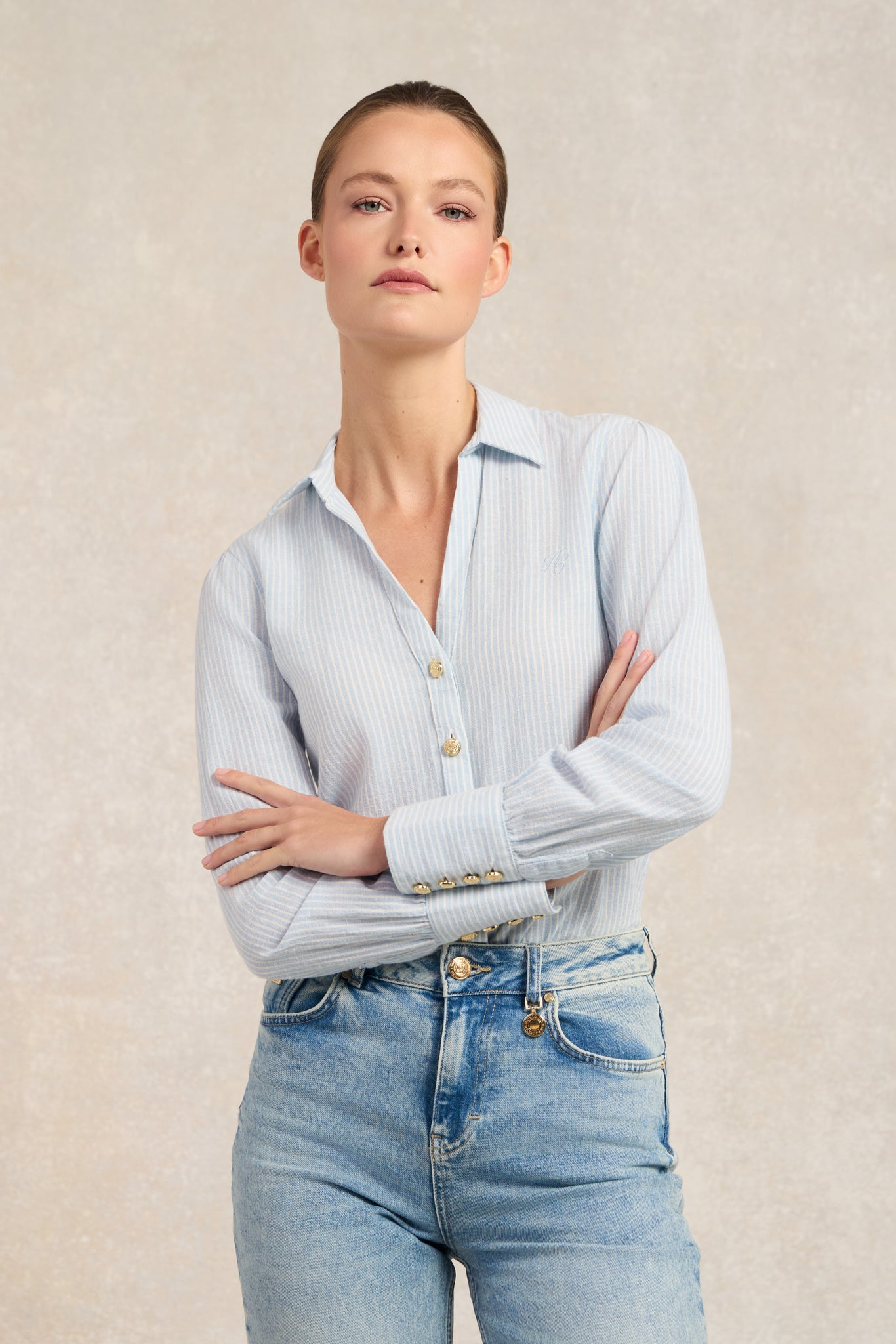 Classic V-Neck Blouse (Azure Stripe)