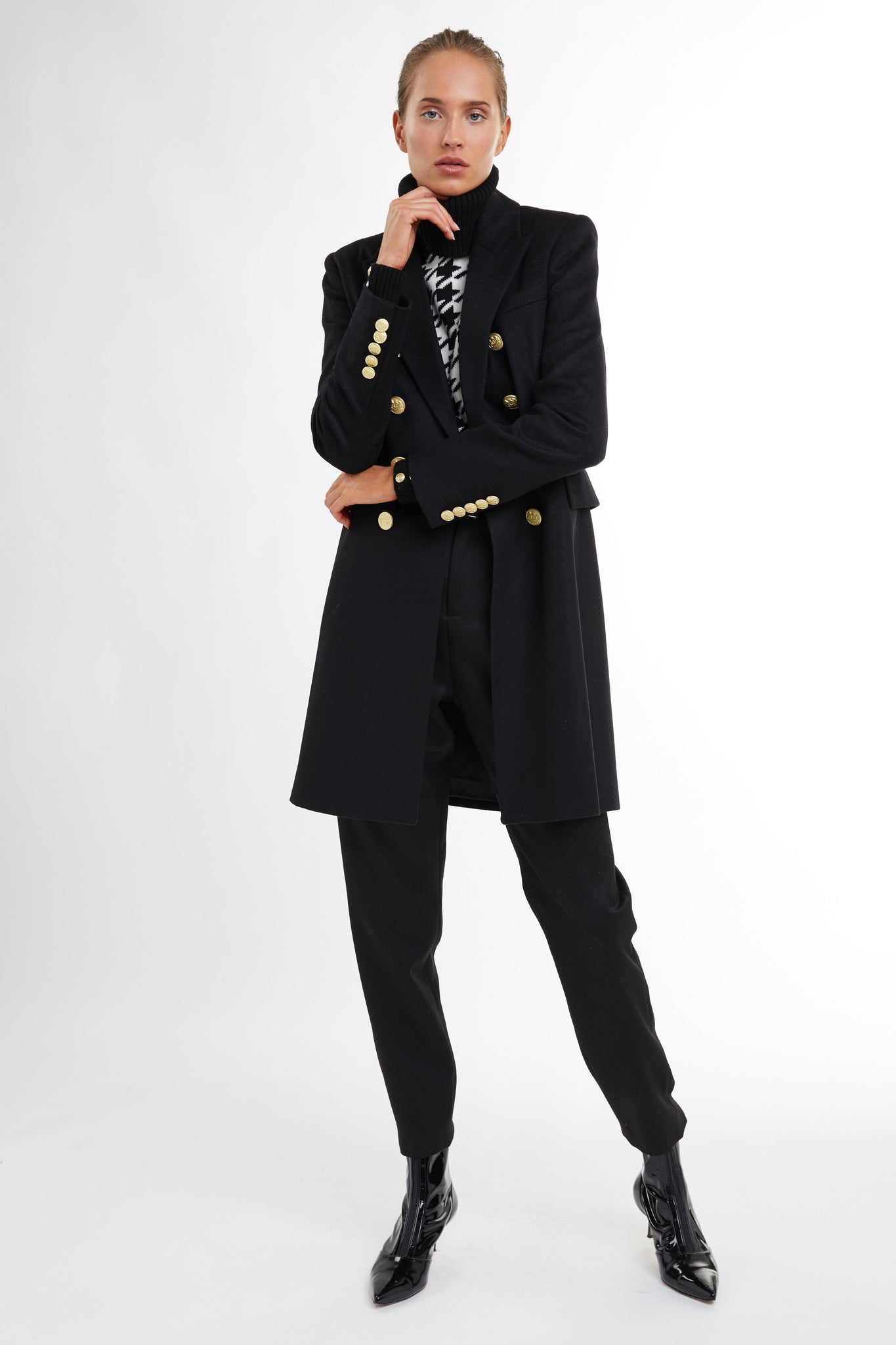 black wool womens coat with gold hardware