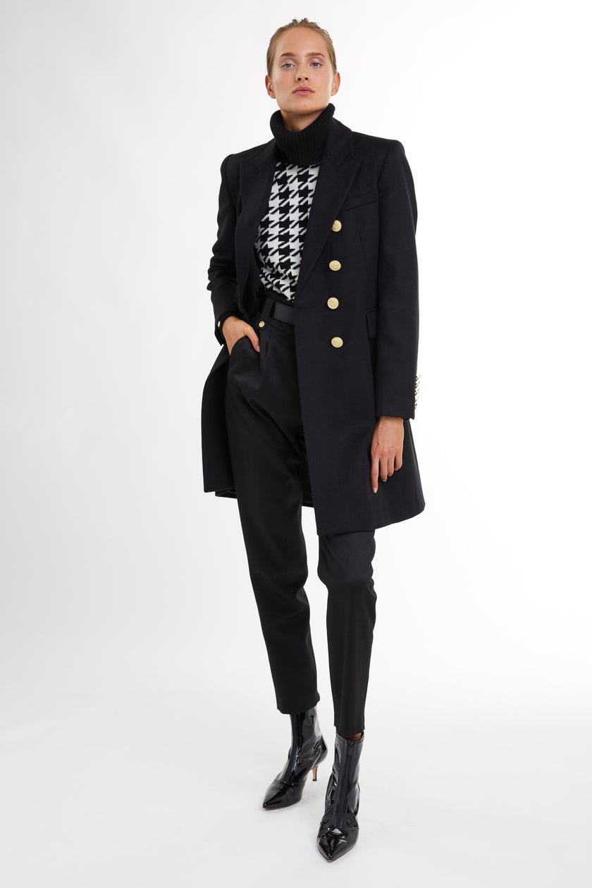 black wool womens coat with gold hardware