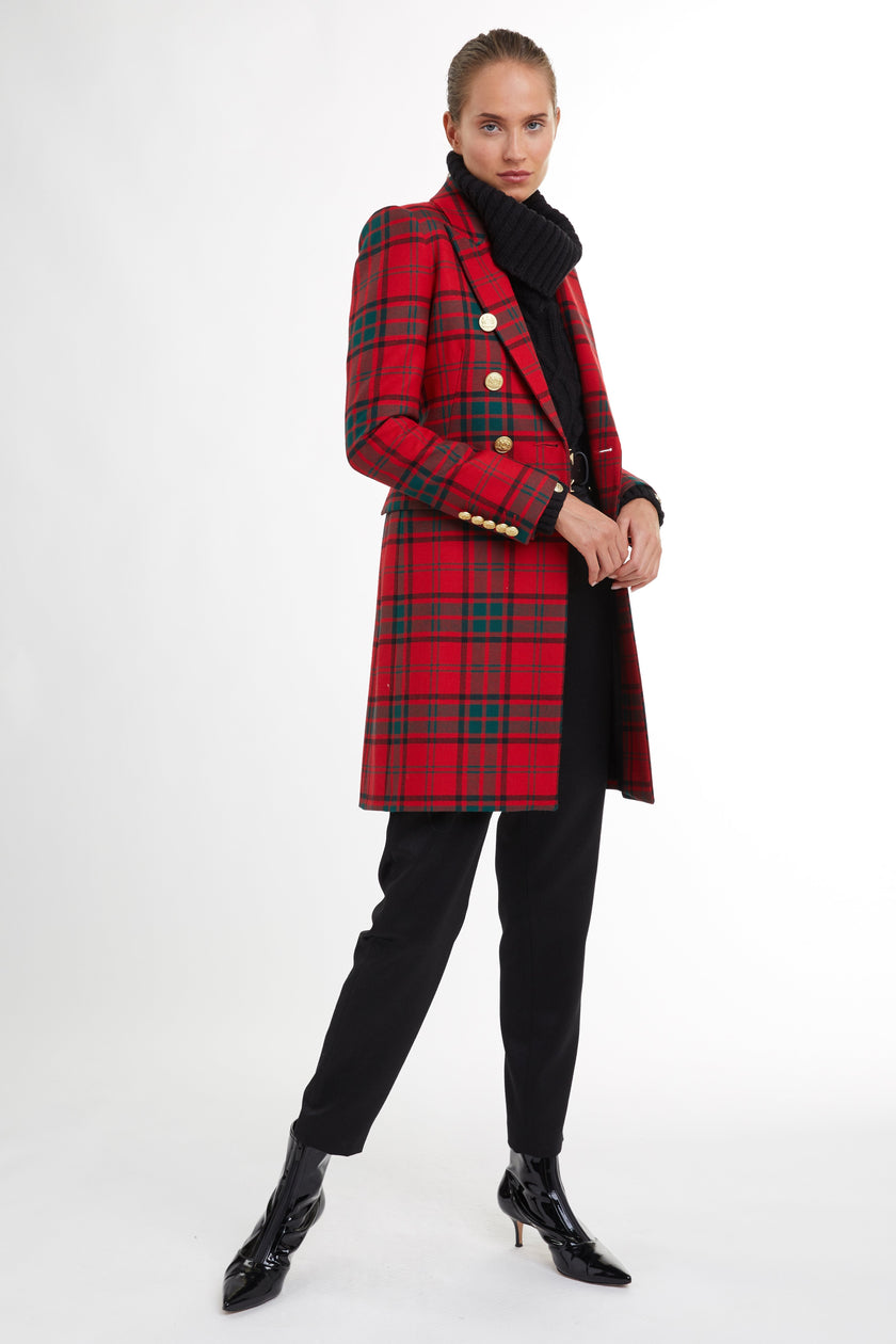 red tartan womens wool coat with gold hardware