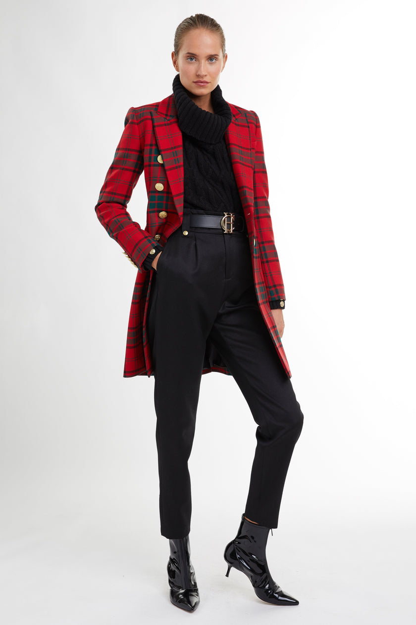 red tartan womens wool coat with gold hardware