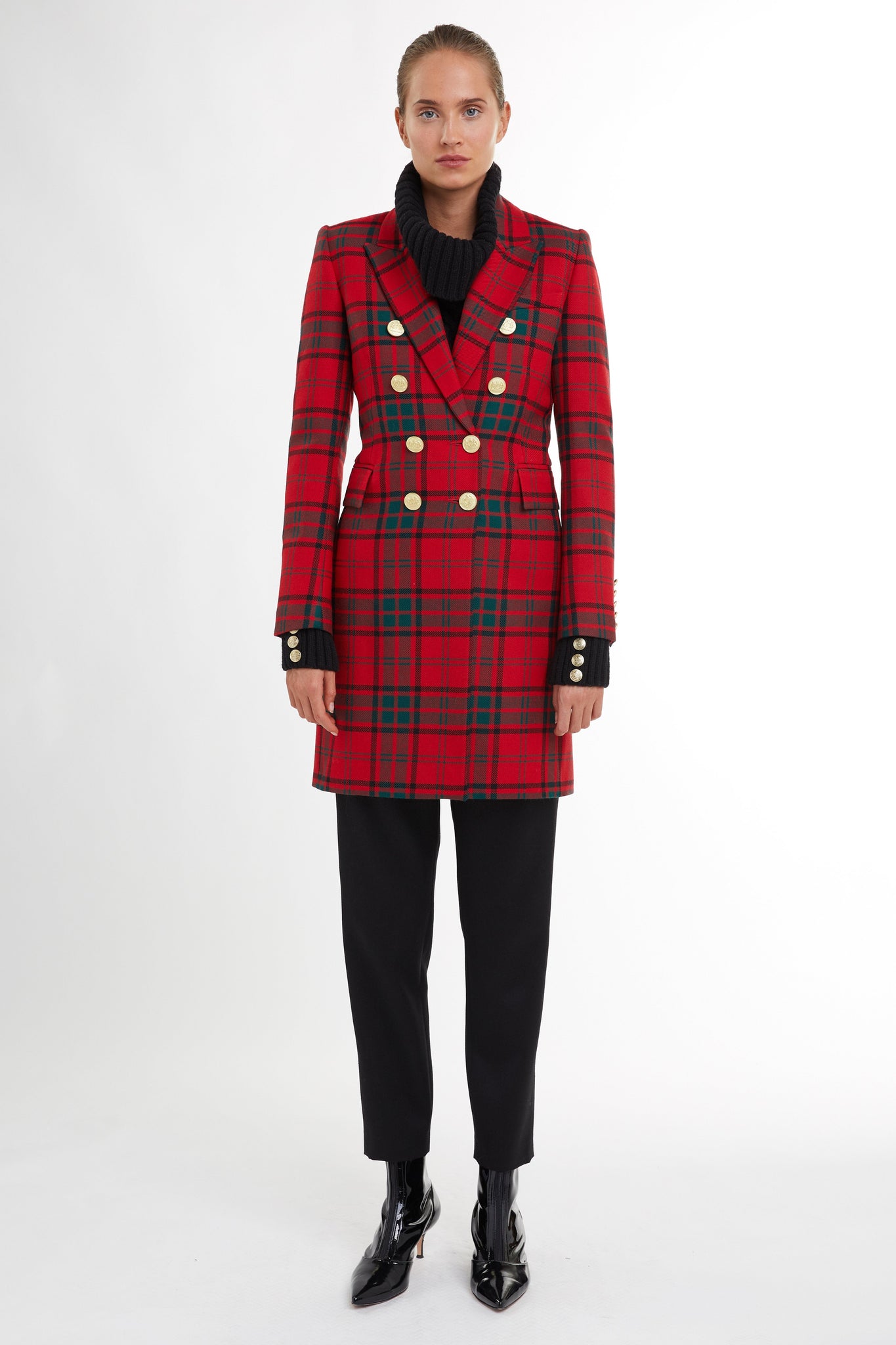 red tartan womens wool coat with gold hardware