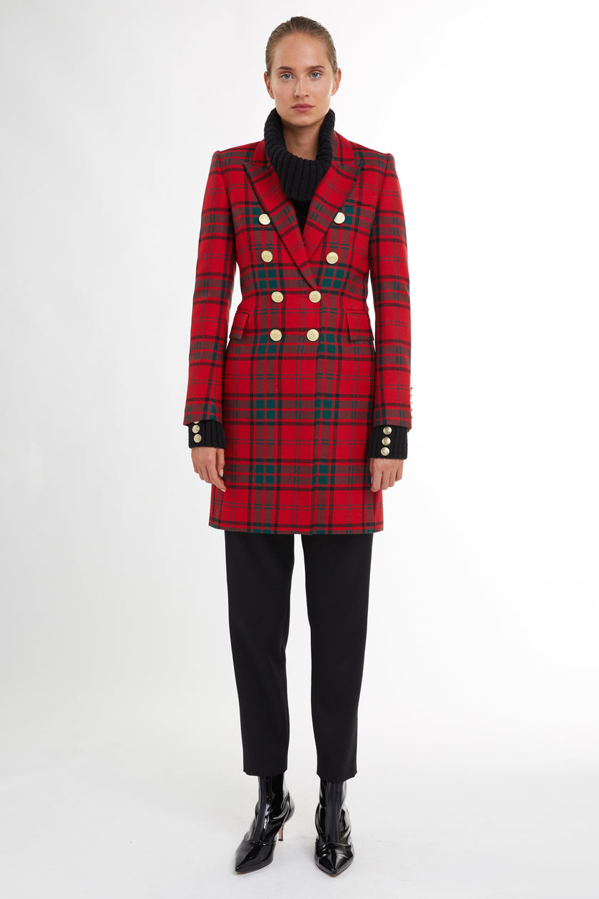 red tartan womens wool coat with gold hardware