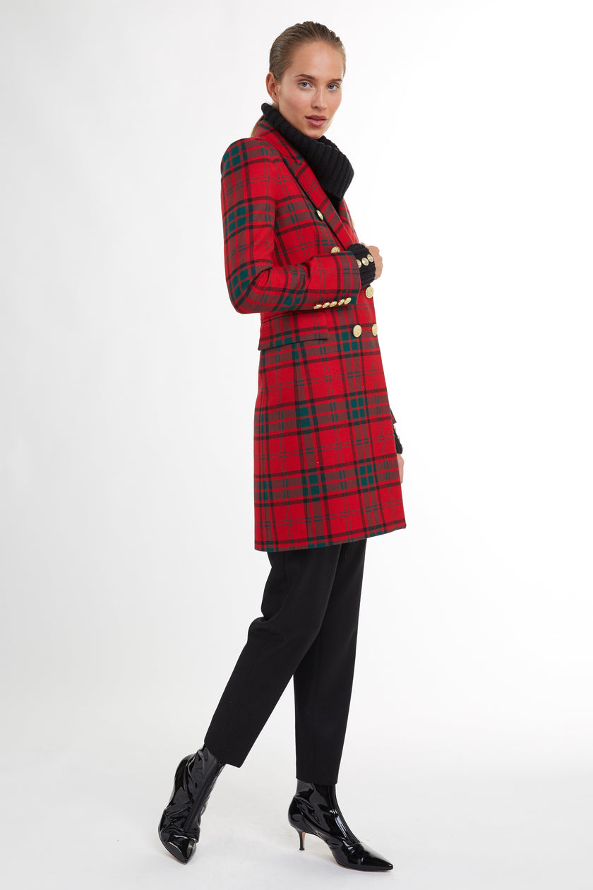 red tartan womens wool coat with gold hardware