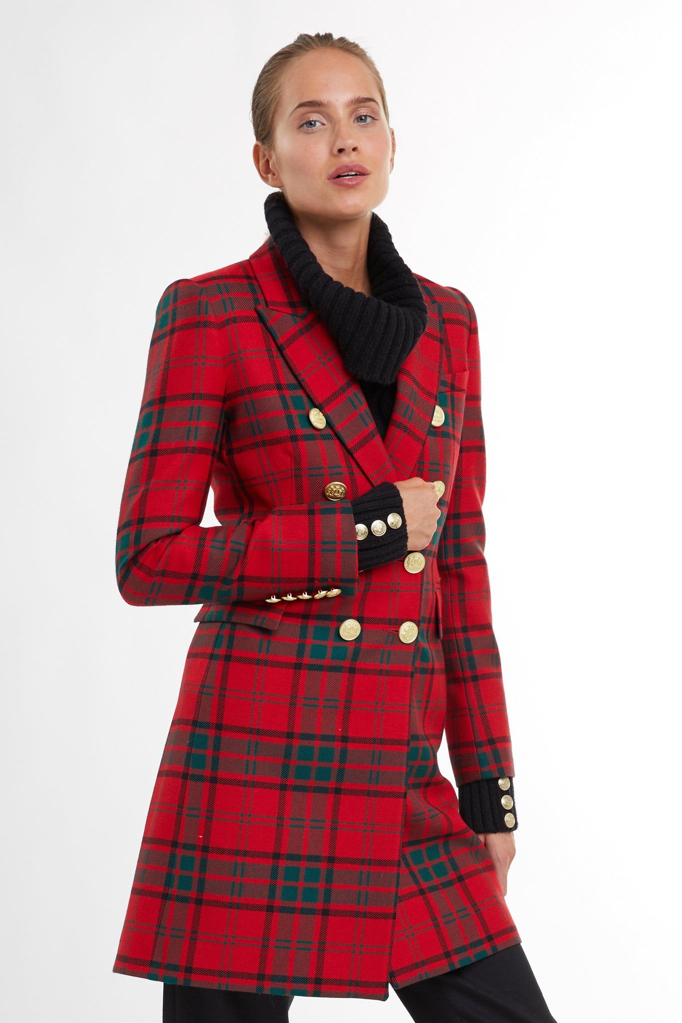 red tartan womens wool coat with gold hardware