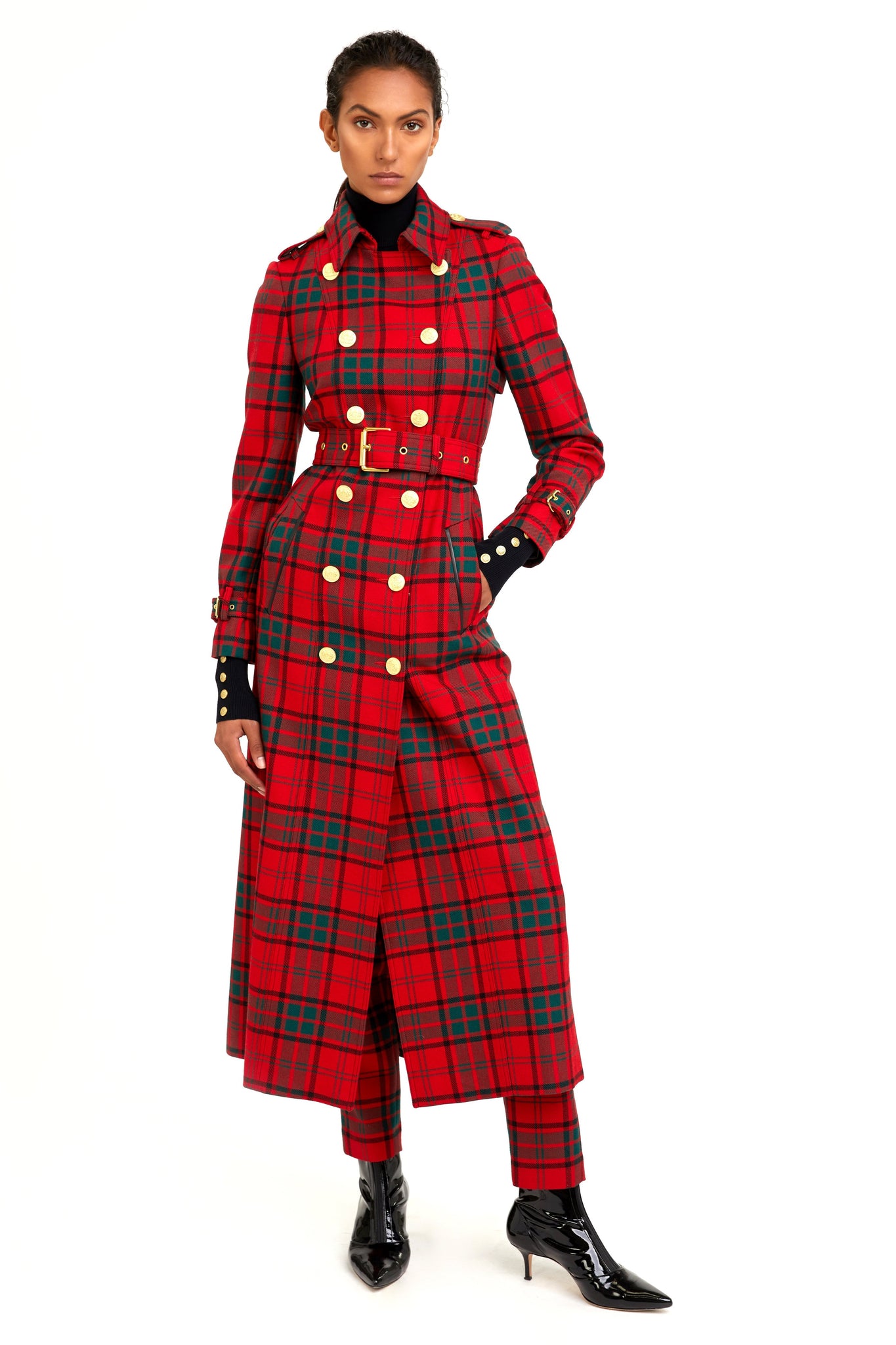 Full Length Marlborough Trench Coat (Red Tartan)