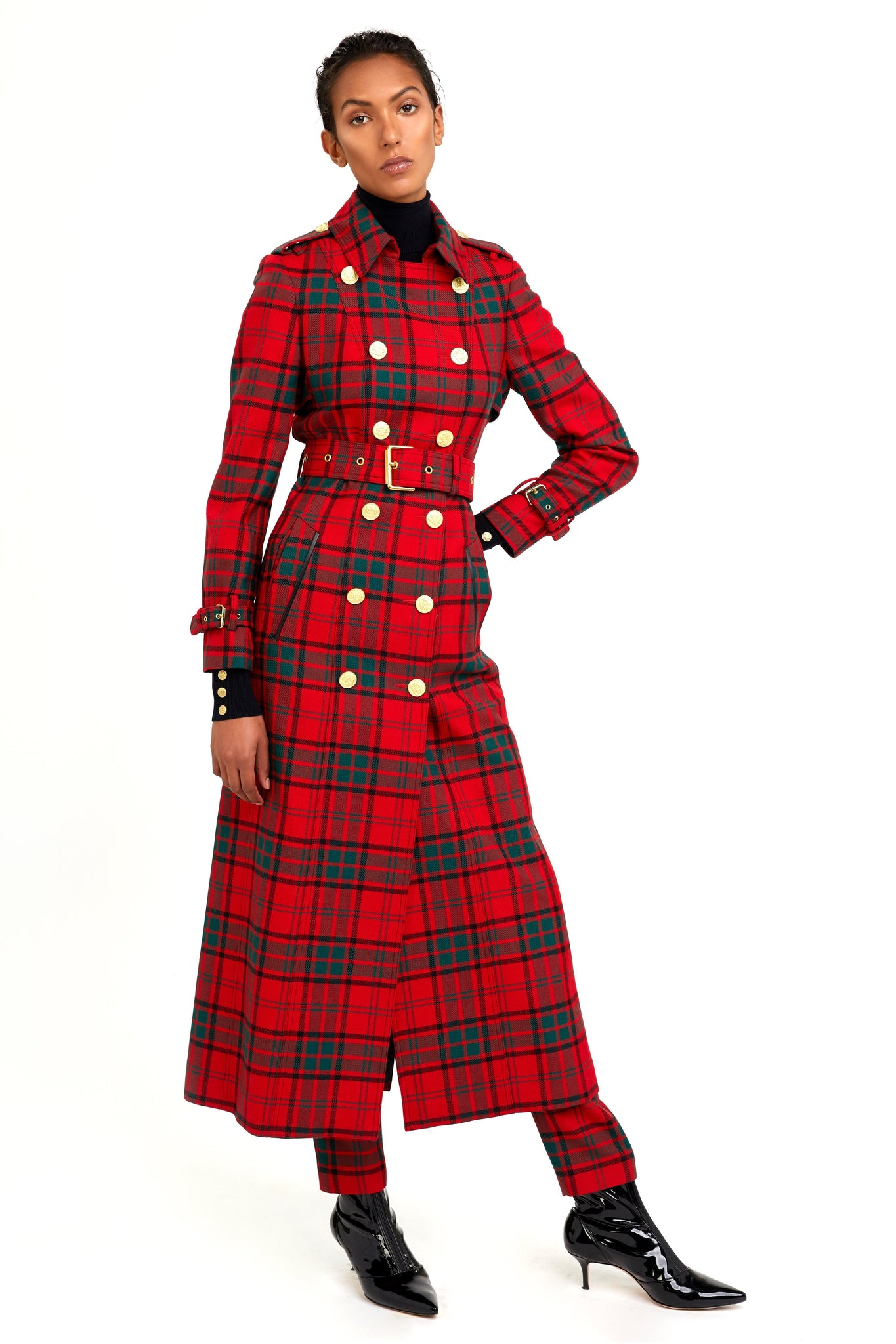 Full Length Marlborough Trench Coat (Red Tartan)