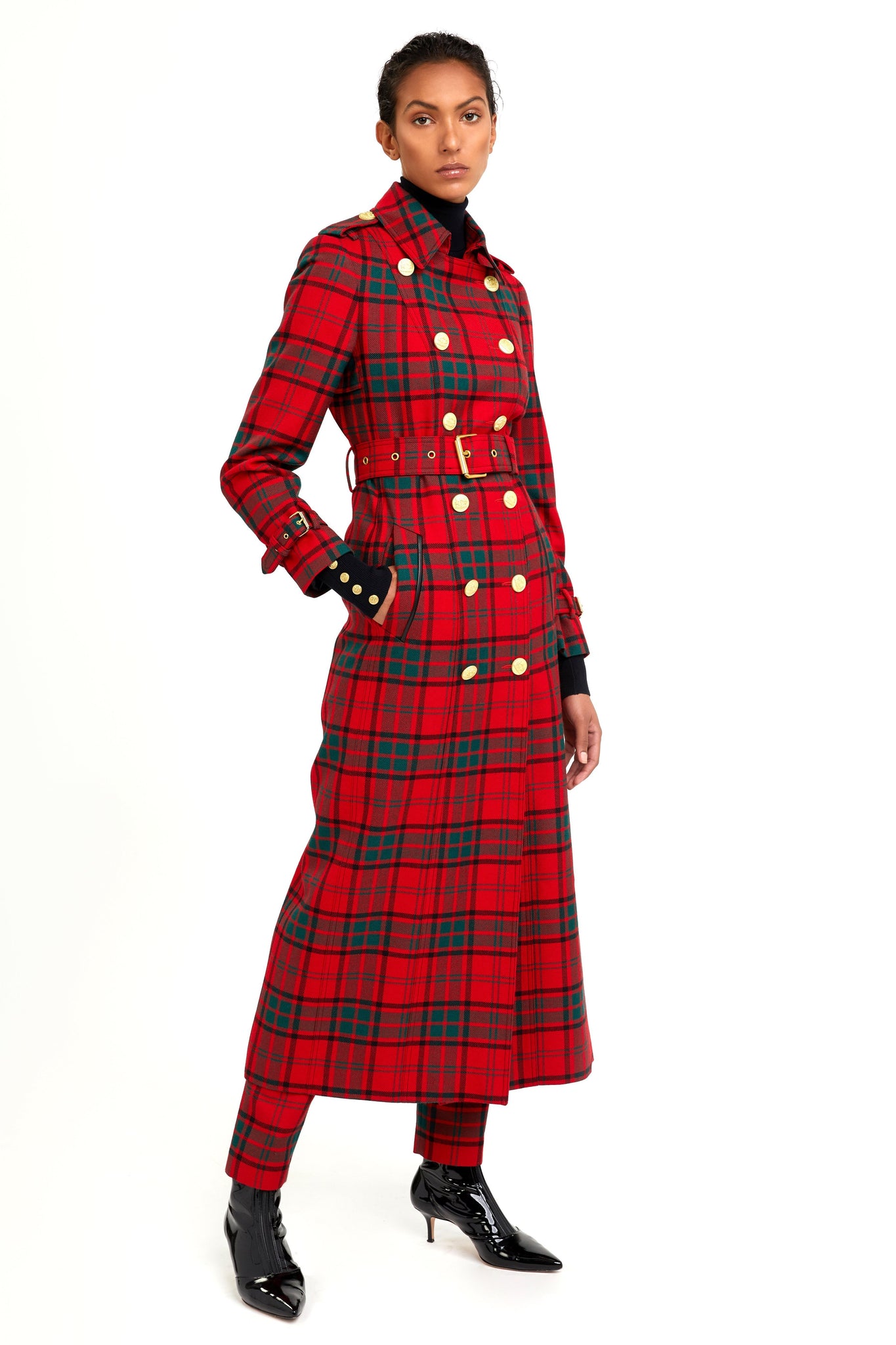 Full Length Marlborough Trench Coat (Red Tartan)