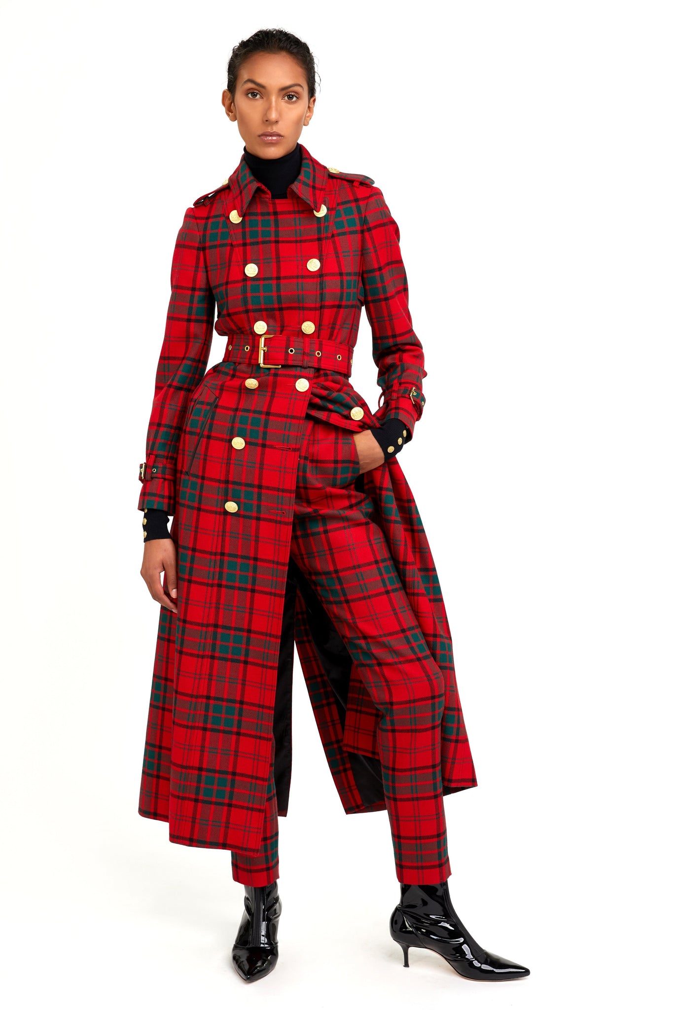 Full Length Marlborough Trench Coat (Red Tartan)