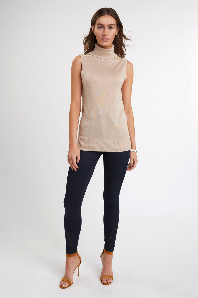 fitted lightweight sleeveless rollneck knit in camel with gold button detail across shoulders