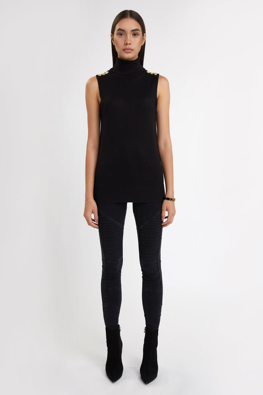 fitted lightweight sleeveless rollneck knit in black with gold button detail across shoulders