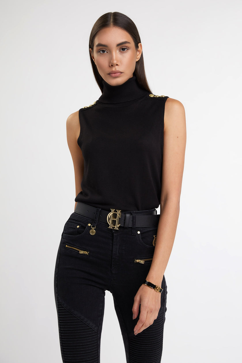 fitted lightweight sleeveless rollneck knit in black with gold button detail across shoulders