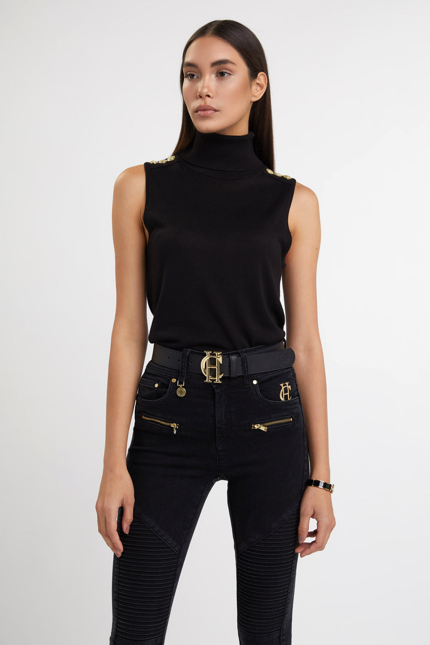 fitted lightweight sleeveless rollneck knit in black with gold button detail across shoulders