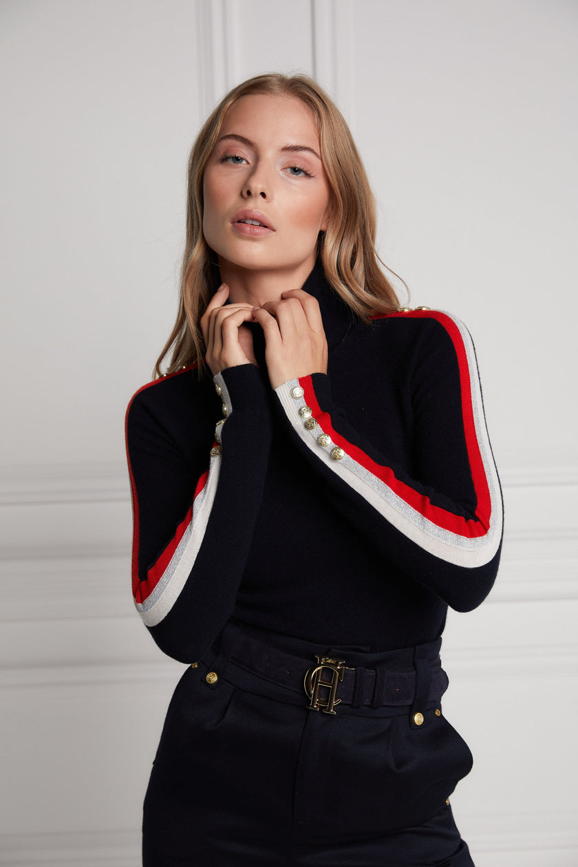 Button Knit Stripe Roll Neck (Ink Navy)