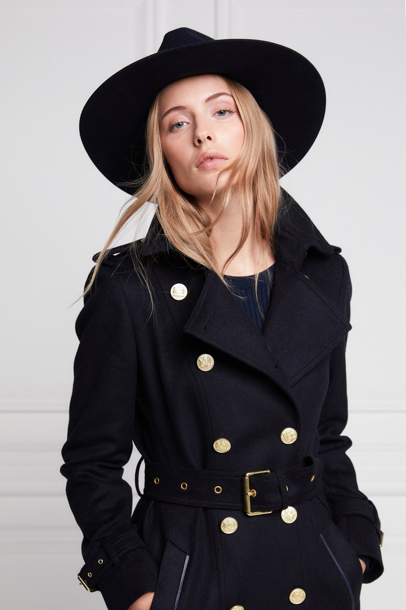 womens navy detailed with gold hardware knee length wool trench coat