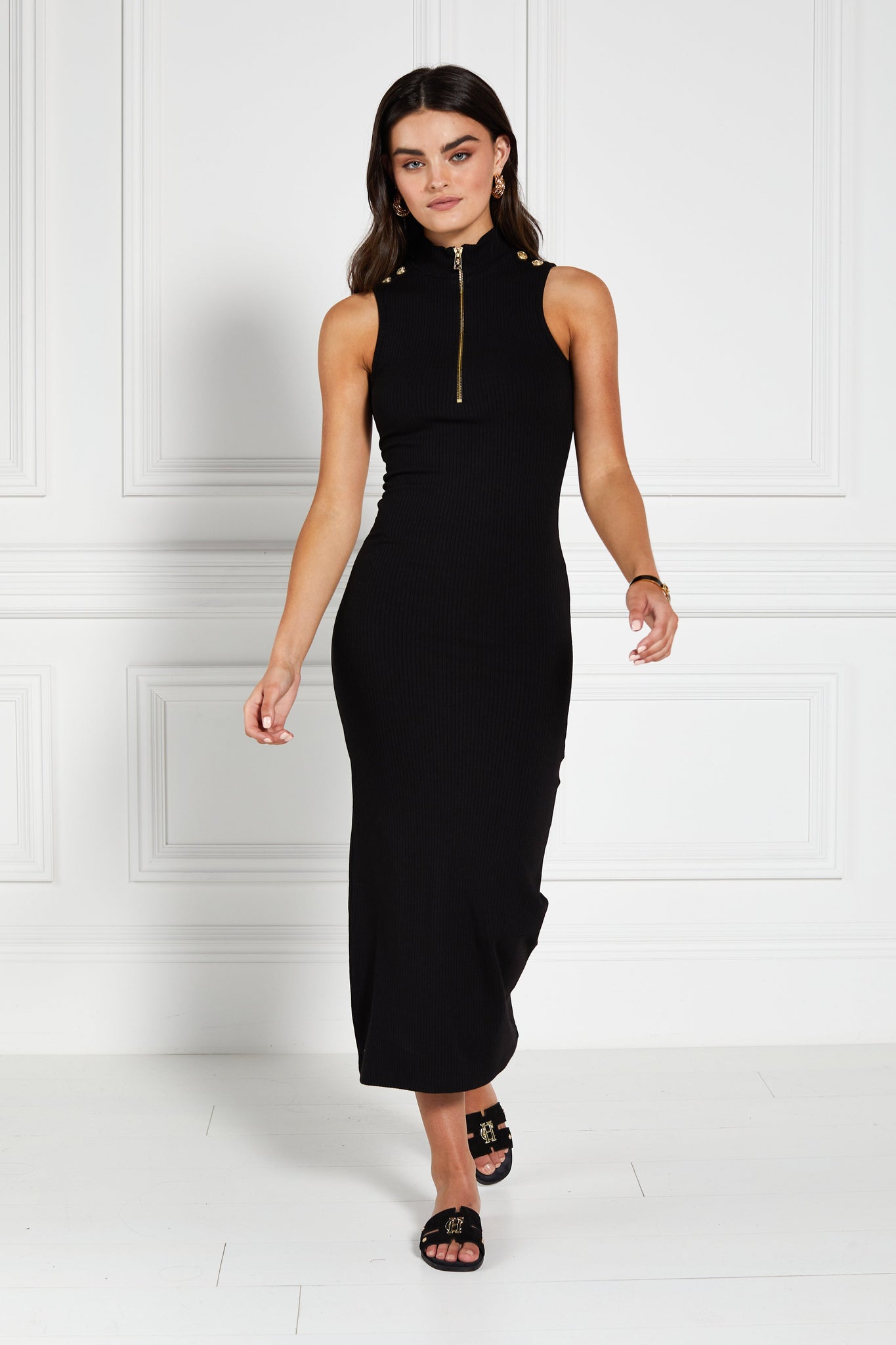 High Neck Zip Ribbed Dress (Black)