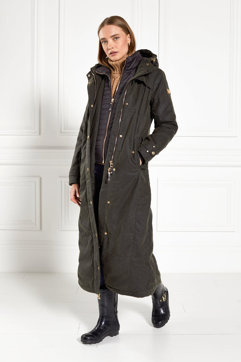 womens longline wax jacket with internal gilet 