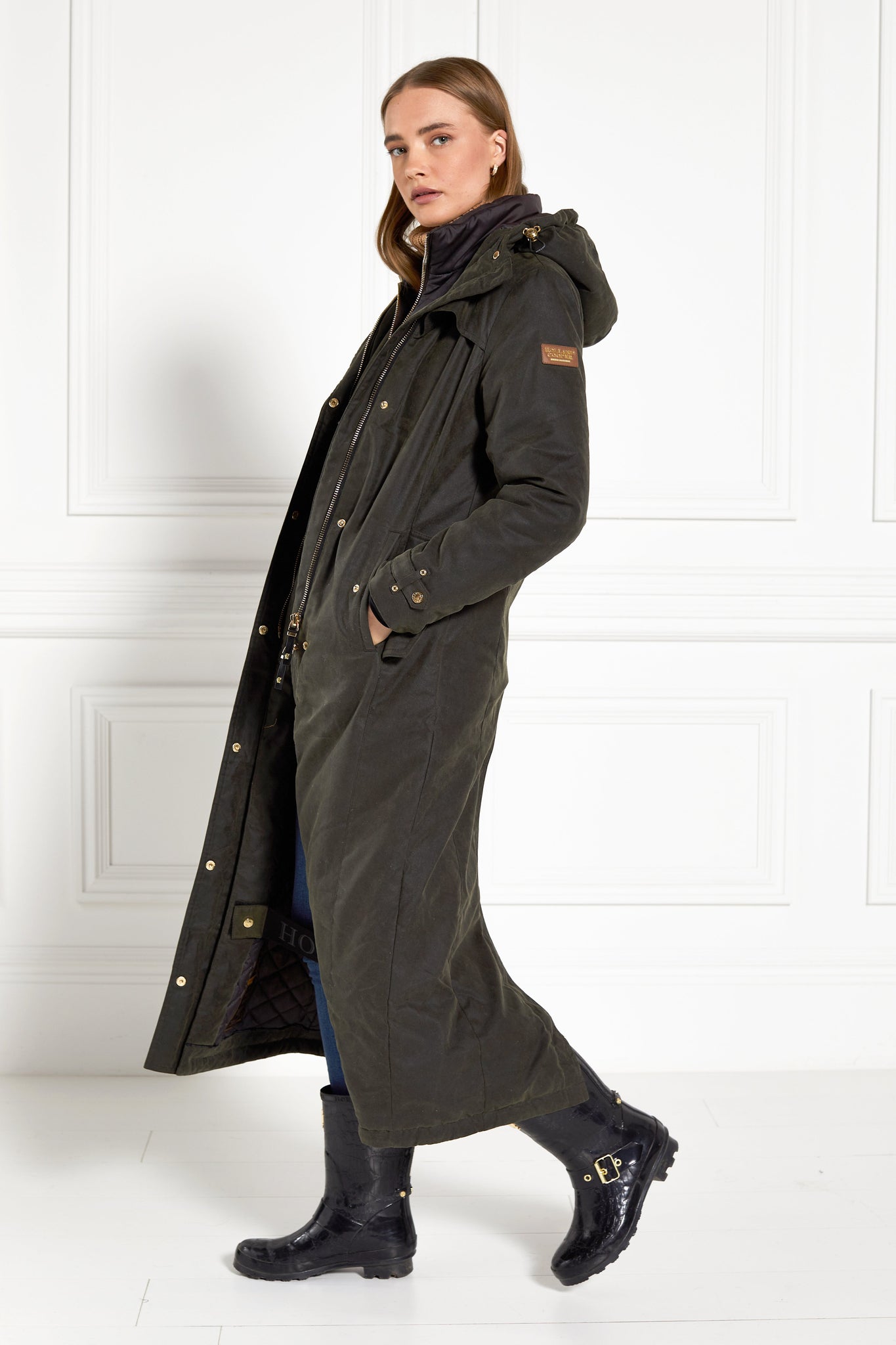 womens longline wax jacket with internal gilet 