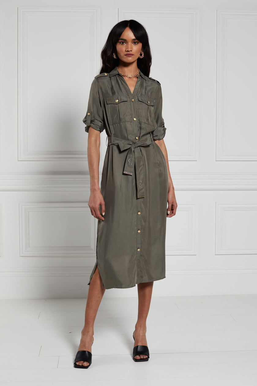 womens green military midi shirt dress with tie around waist and gold buttons down the front