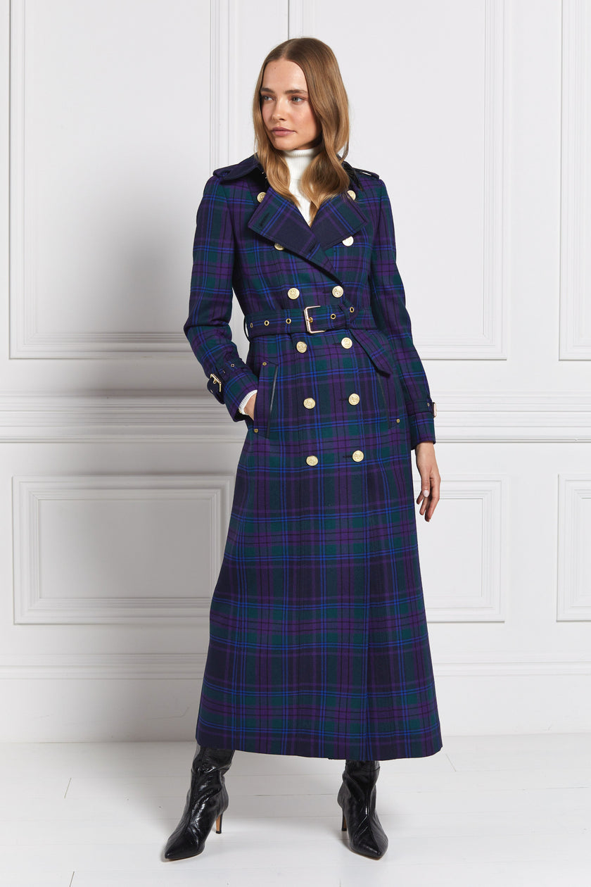 womens purple tartan double breasted full length wool trench coat