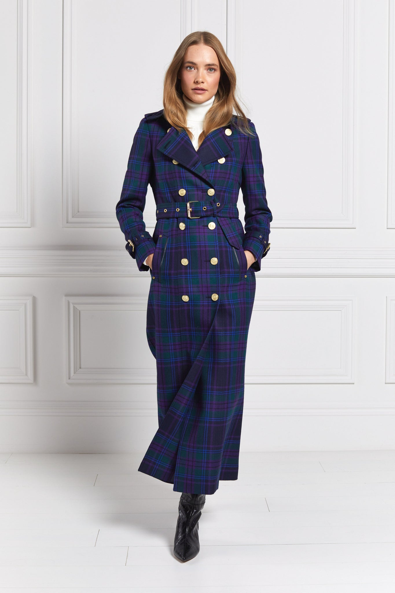 womens purple tartan double breasted full length wool trench coat