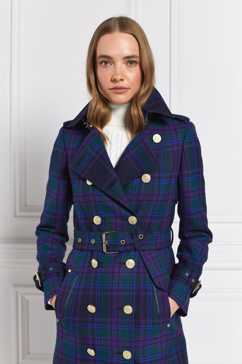 womens purple tartan double breasted full length wool trench coat