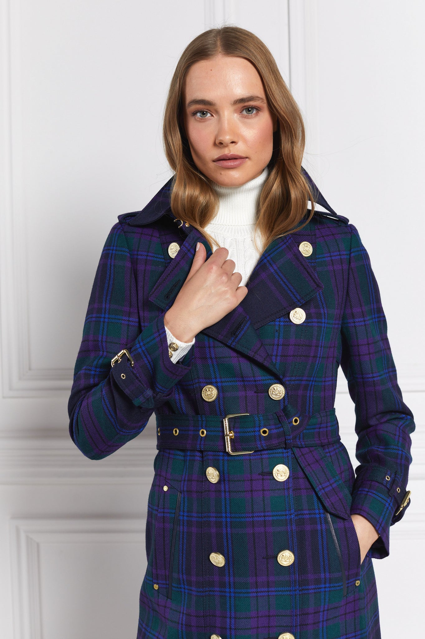 womens purple tartan double breasted full length wool trench coat