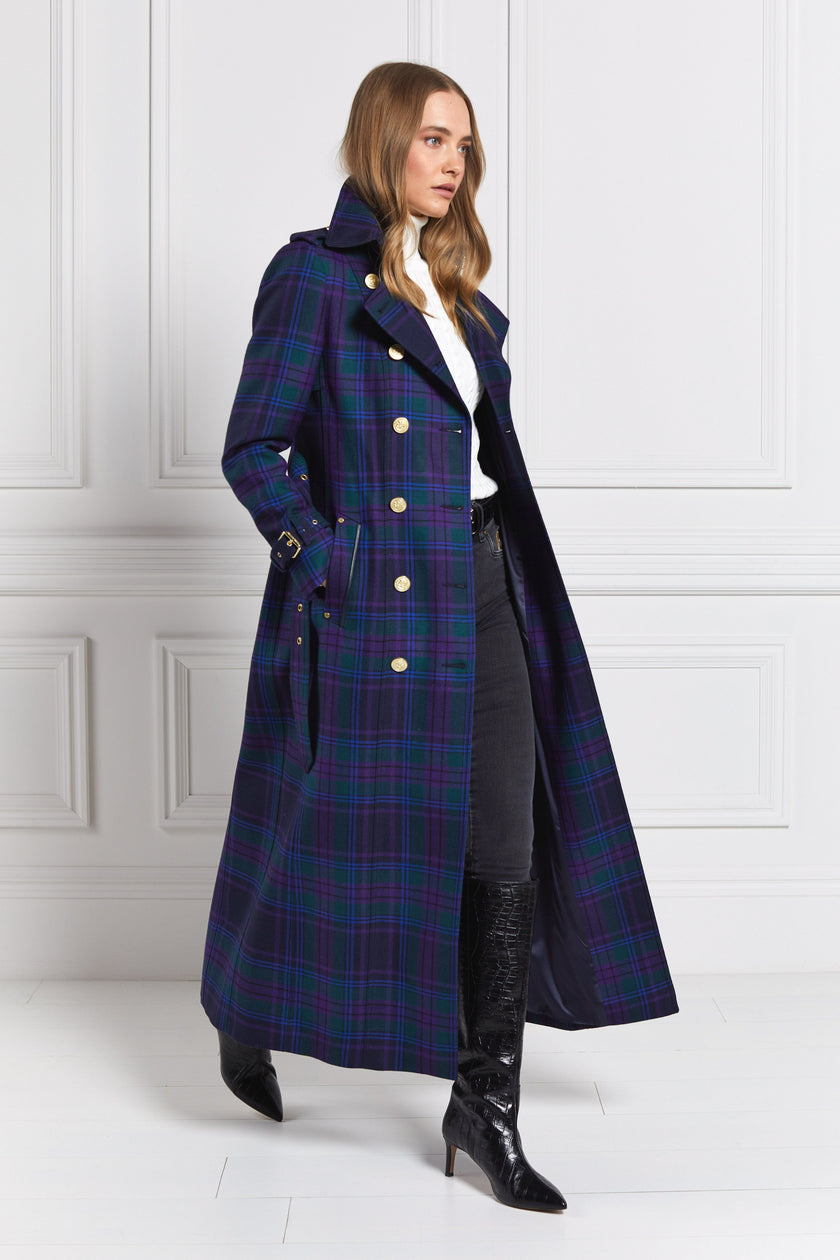 womens purple tartan double breasted full length wool trench coat