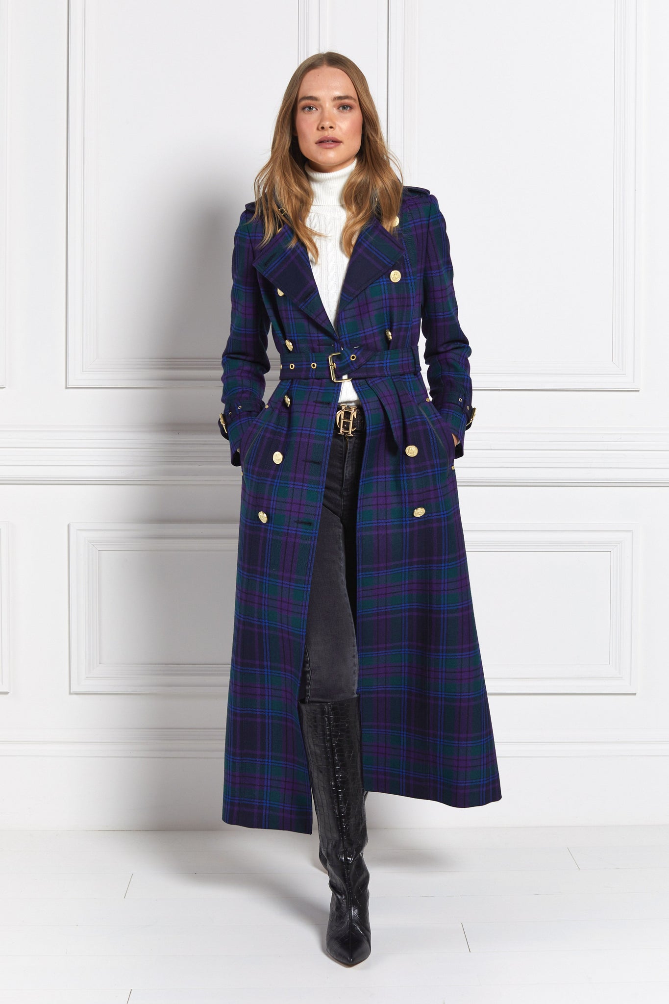 womens purple tartan double breasted full length wool trench coat