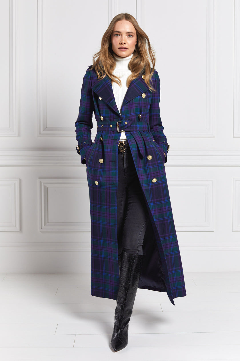 womens purple tartan double breasted full length wool trench coat