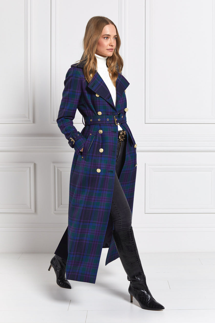 womens purple tartan double breasted full length wool trench coat