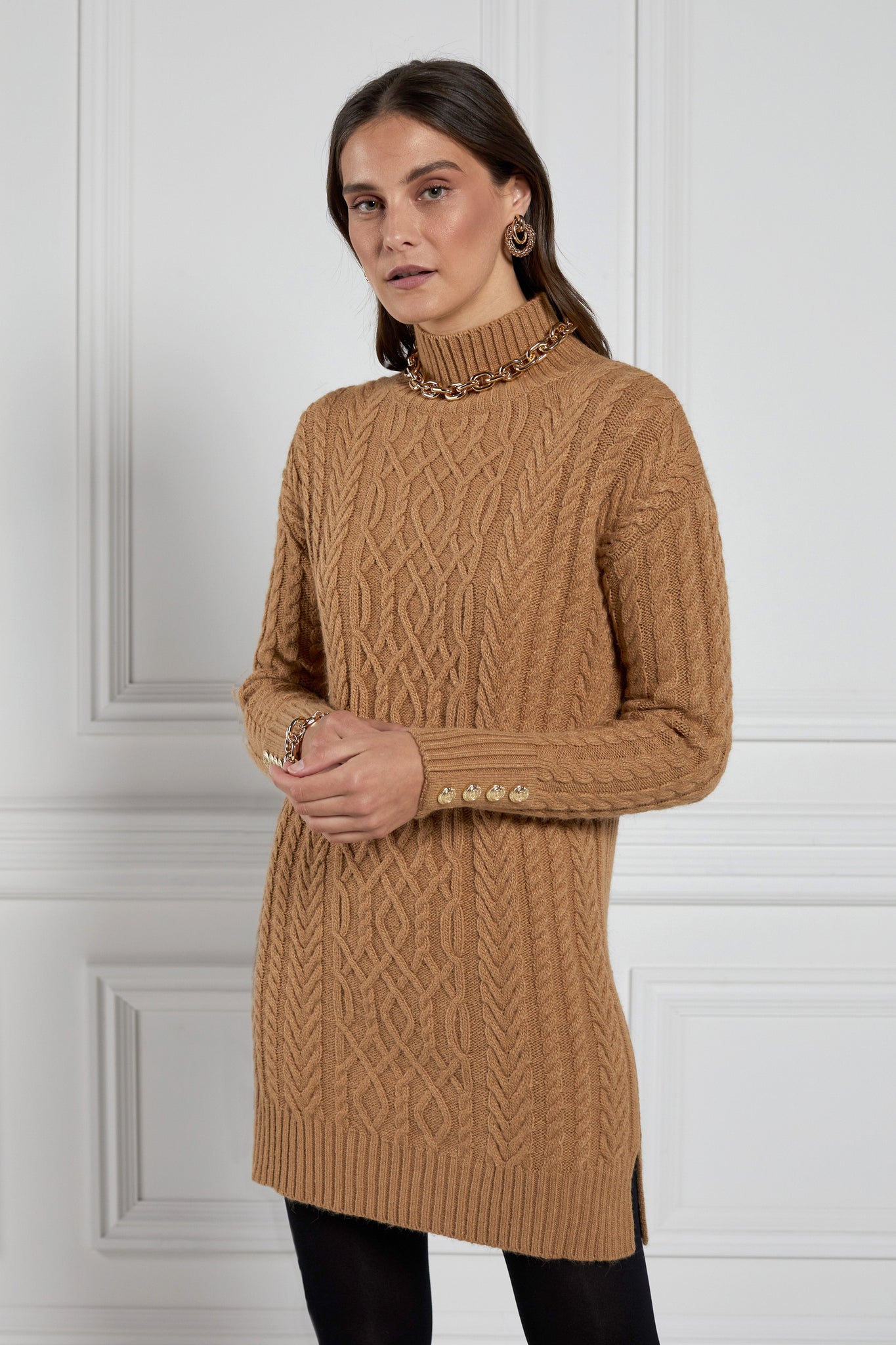 womens dark camel roll neck cable knit mini dress with ribbed cuffs and split ribbed hem with gold button details on cuffs