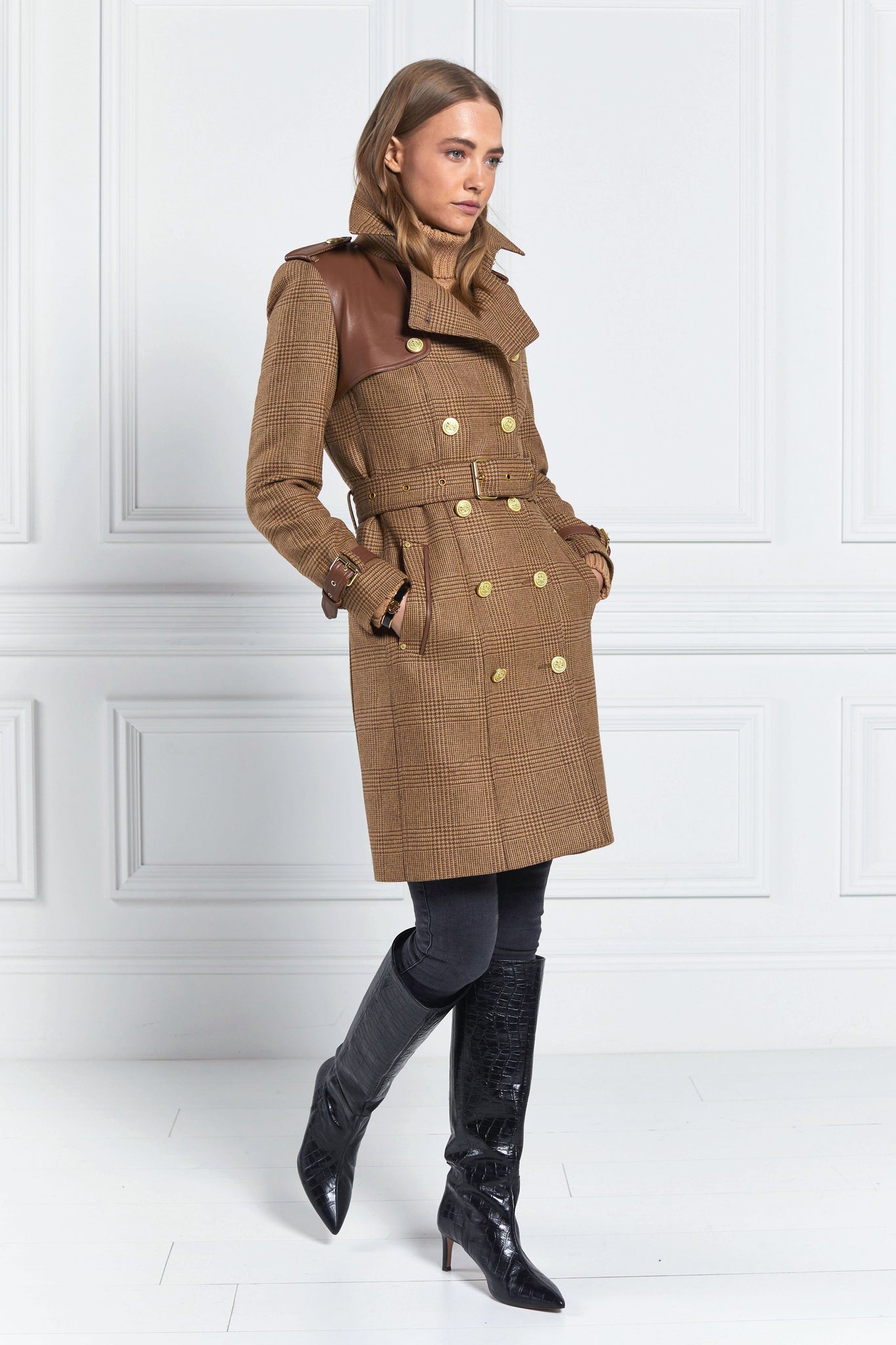 womens tawny light tan detailed with gold hardware knee length wool trench coat