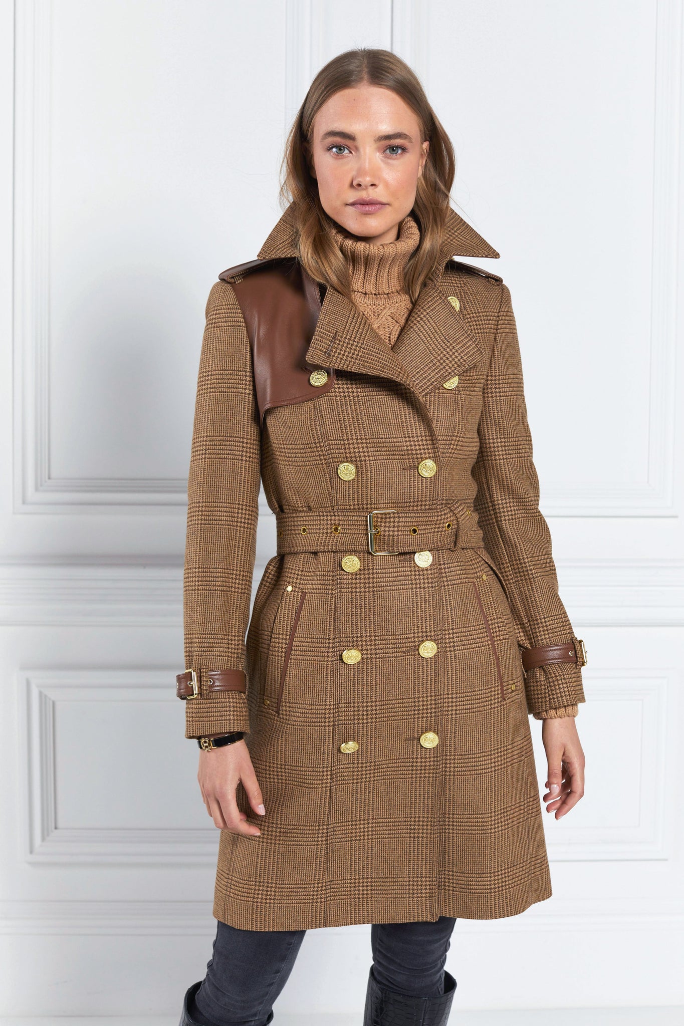 womens tawny light tan detailed with gold hardware knee length wool trench coat